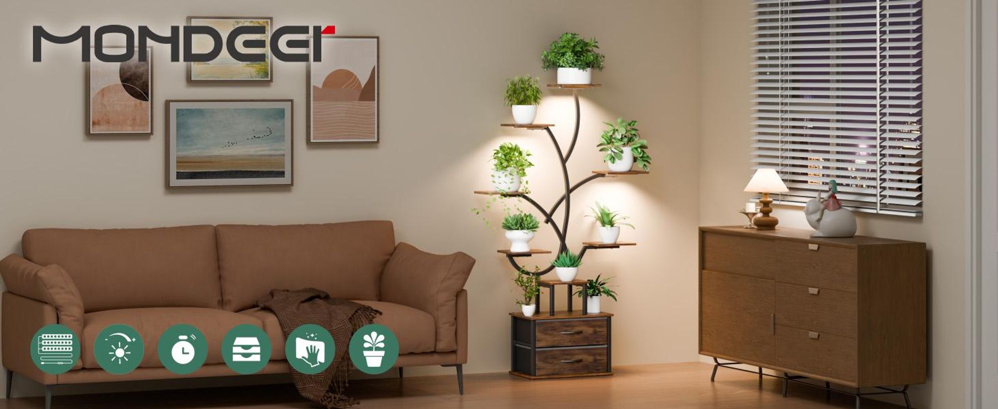 Mondeer Pflanzenregal 160cm, mit LED-Lampe, 9 Etagen & 2 Schubladen, Schwarz-Braun