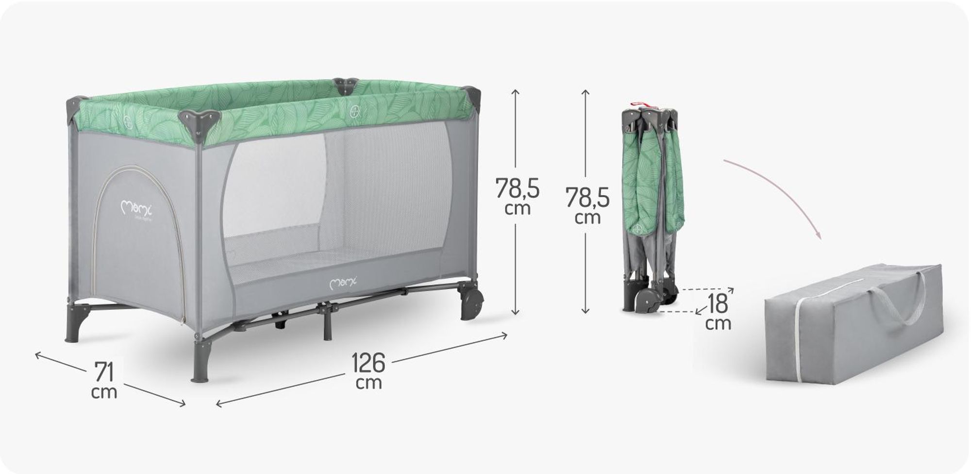 MoMi BELOVE – Baby Reisebett klappbar mit Matratze, Seiteneingang & Rädern, Sicherheitsverriegelung, Tragetasche inklusive – Jadegrün