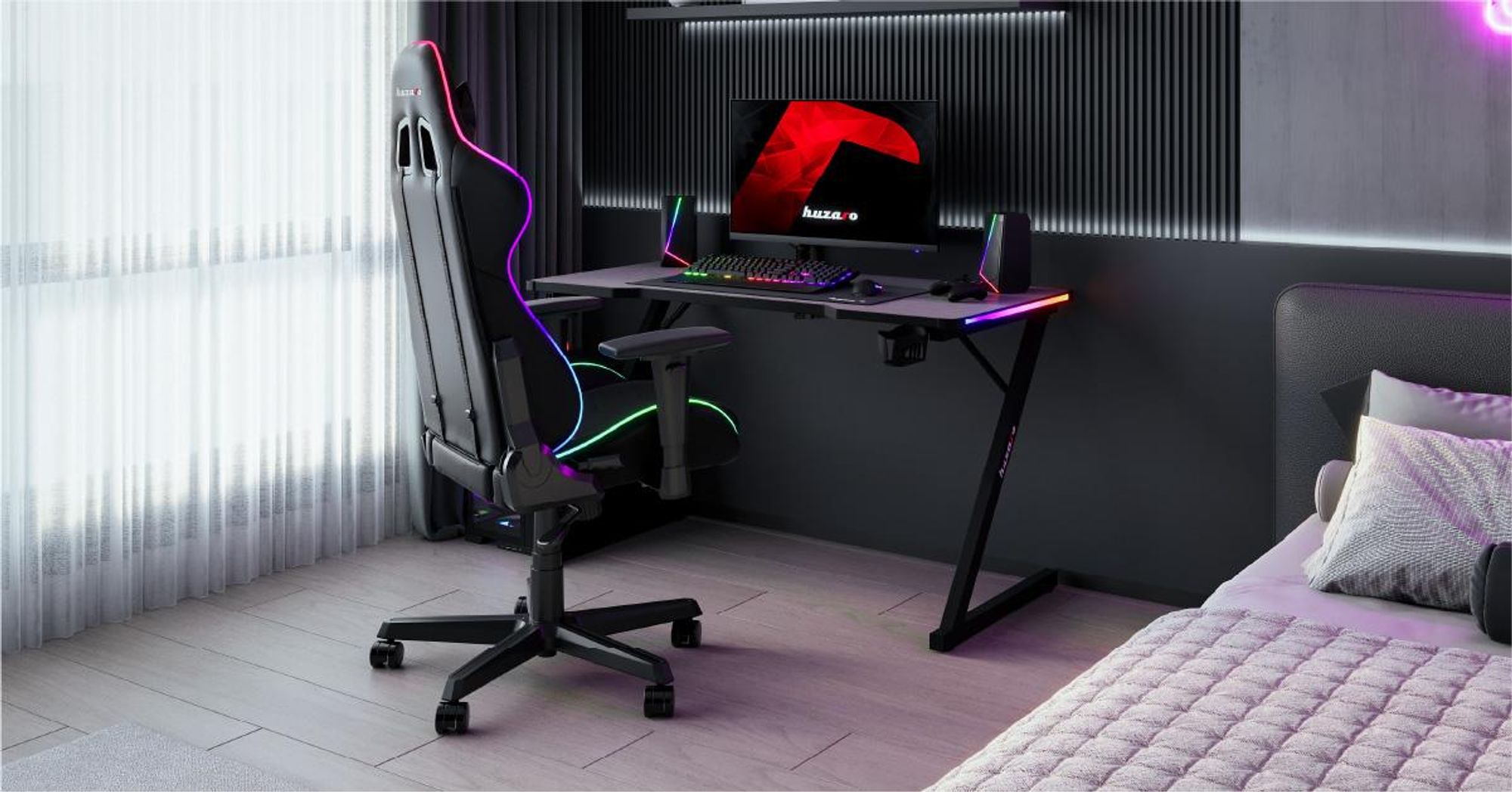 huzaro Hero 2.5 | RGB-Beleuchtung LED Tisch Schreibtisch | Getränkehalter Kopfhörerhalter | USB-Ladeanschluss | Carbon Tischplatte 120x60cm | Schwarz