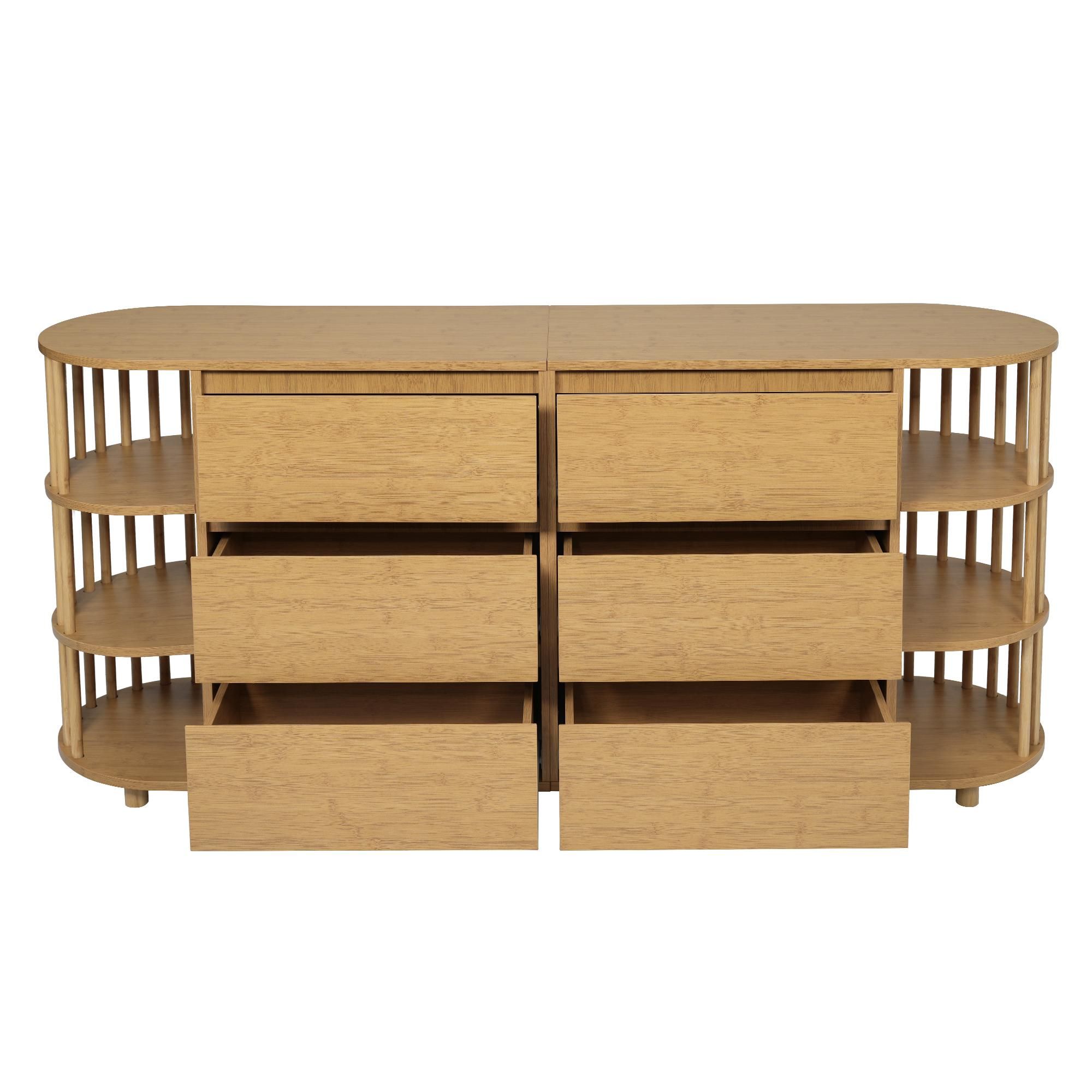 Flieks Kommode mit 6 Schubladen, Sideboard Wohnzimmerschrank mit 2 Bambus-Regalen, Aufbewahrungsschrank 160x40x75 cm, Oak