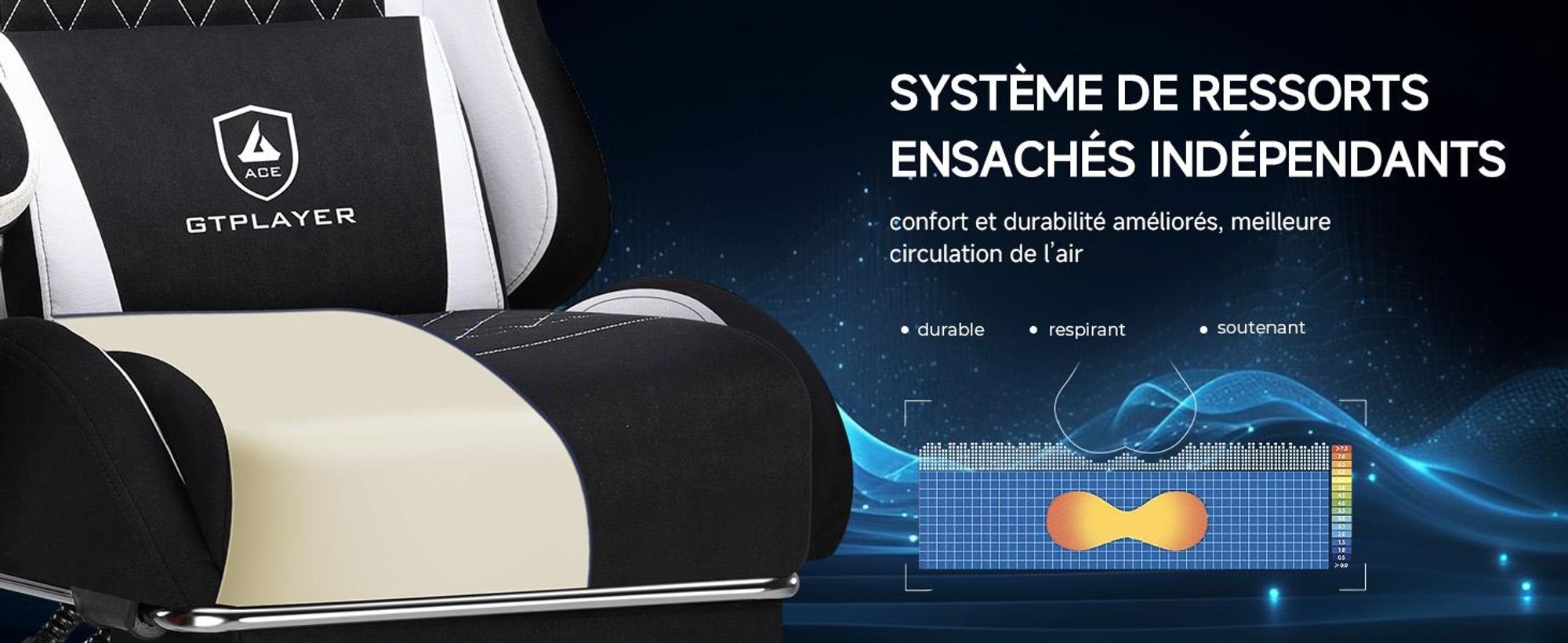 Chaise de jeu GTPLAYER, Chaise de jeu ergonomique en tissu avec soutien lombaire, Chaise PC avec dossier élargi, supporte jusqu'à 150 kg, Schwa