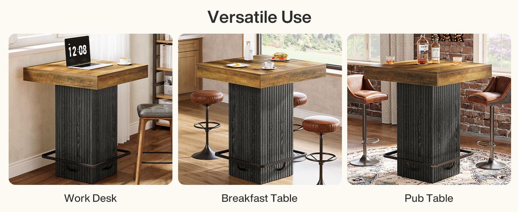 Tribesigns Quadratischer Bartisch, Küchen-Esstisch, industrieller Cocktailtisch mit Metall-Fußstütze für Esszimmer, Taverne, Kaffee-Ecke, Bistro