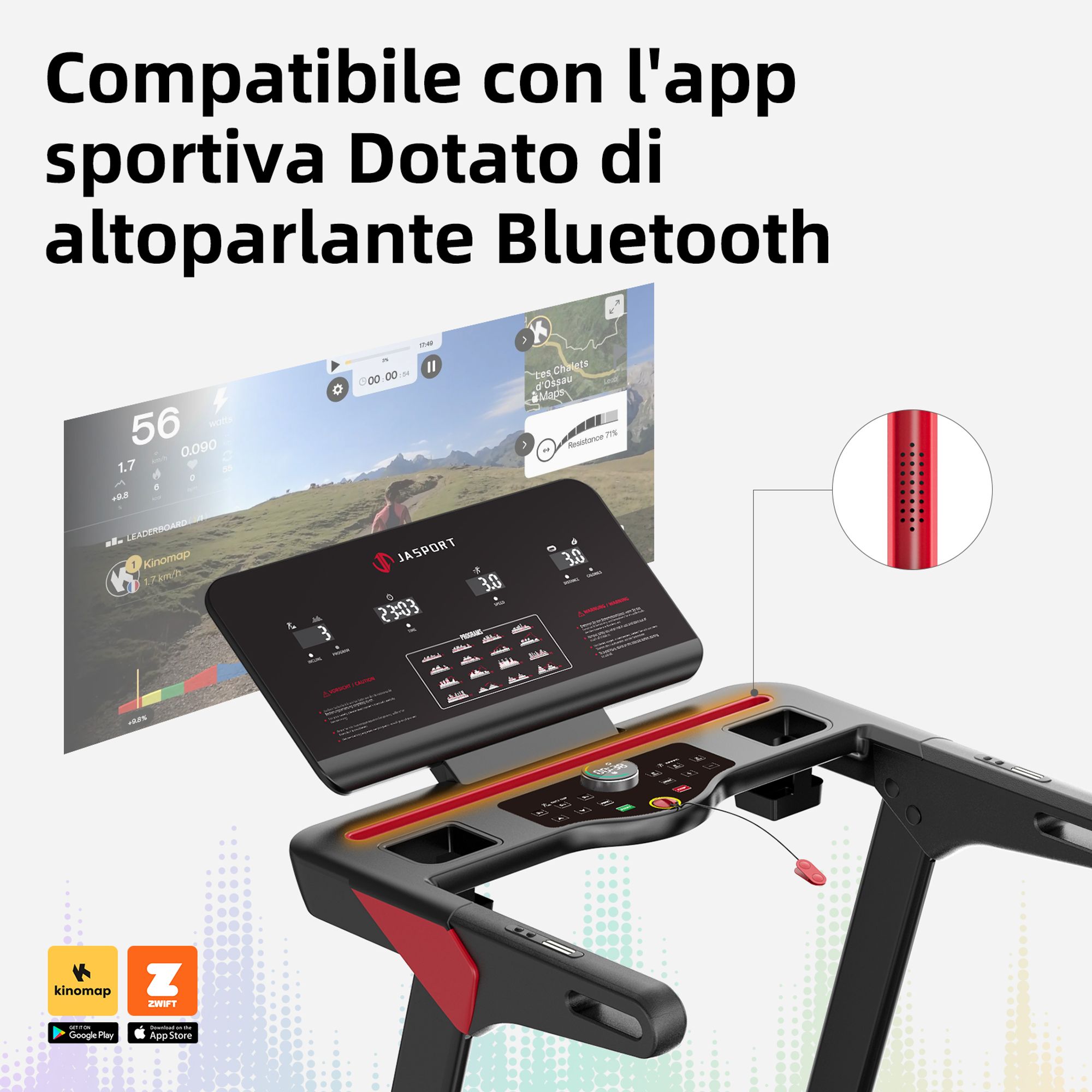 JASPORT L3 tapis de course: pliable, silencieux, Bluetooth, 4CV, jusqu’à 20km/h, inclinaison 18%, surface 1340x480mm, 120kg