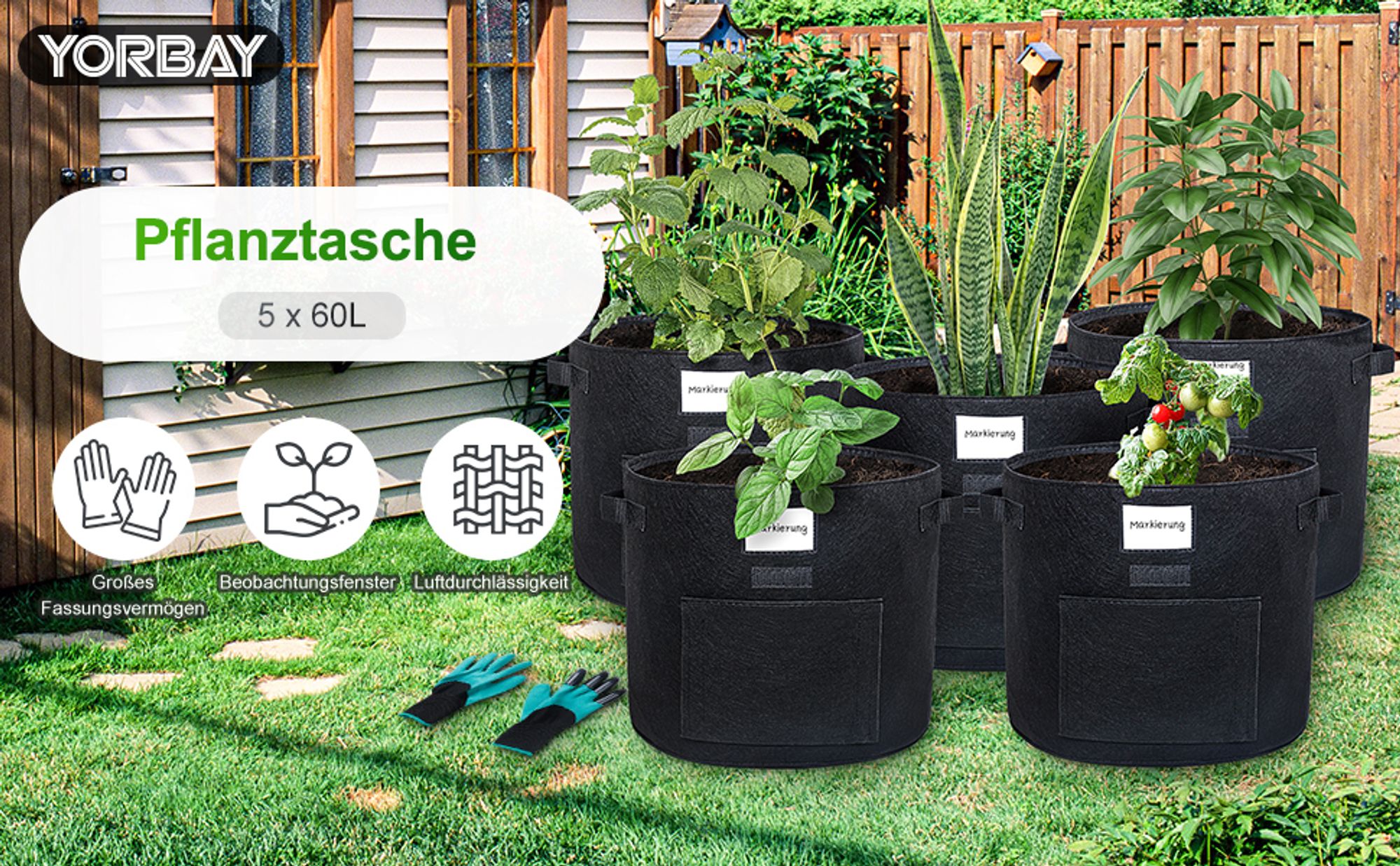 Pflanzsack 5X 60L aus Vliesstoff, Pflanzen Tasche mit 1 Gartenhandschuhe, Pflanztopf Pflanzensack für Kartoffeln,Tomaten, Blumen, Pflanzen, Gemüs