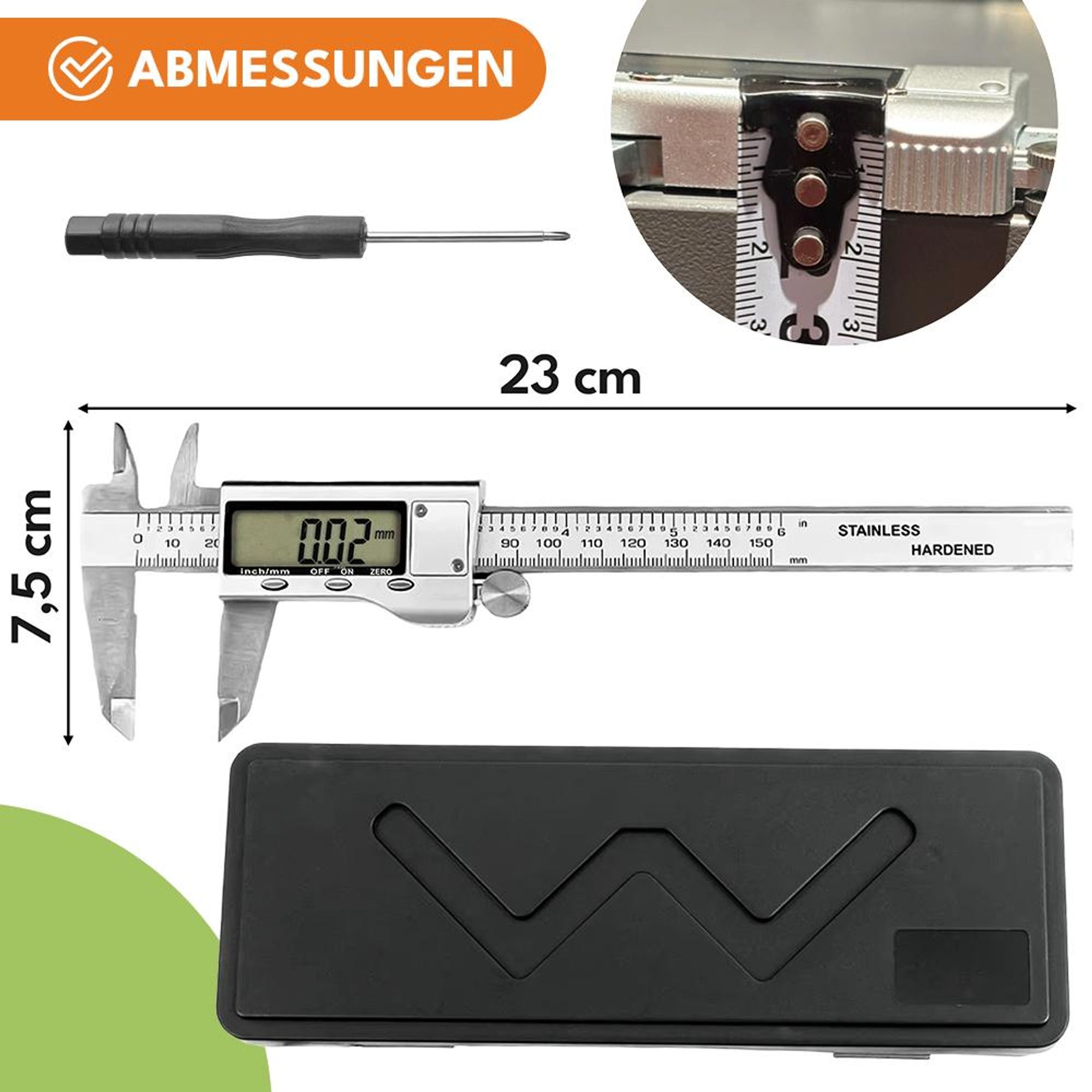 KRUMAD Digitaler Messschieber 150 mm Edelstahl, Elektronische Schieblehre, LCD Anzeige, Innen-, Außen- & Tiefenmessung, Präzisions Messgerät