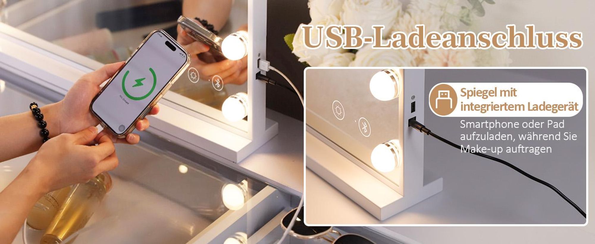 VANITII Hollywood Schminkspiegel 58cm x 46cm mit Beleuchtung 15 Dimmer Leuchten 3 Lichtmodus Bluetooth Kosmetikspiegel für Badzimmer Schminktisch Weiß