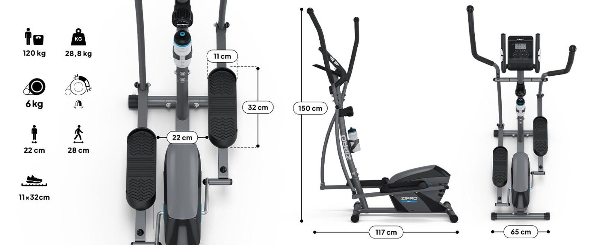 Zipro Shox Magnetischer Crosstrainer Heimtrainer bis 120 kg | Fitnessgerät für Zuhause mit LCD-Computer, Pulsmesser & 6 kg Schwungmasse