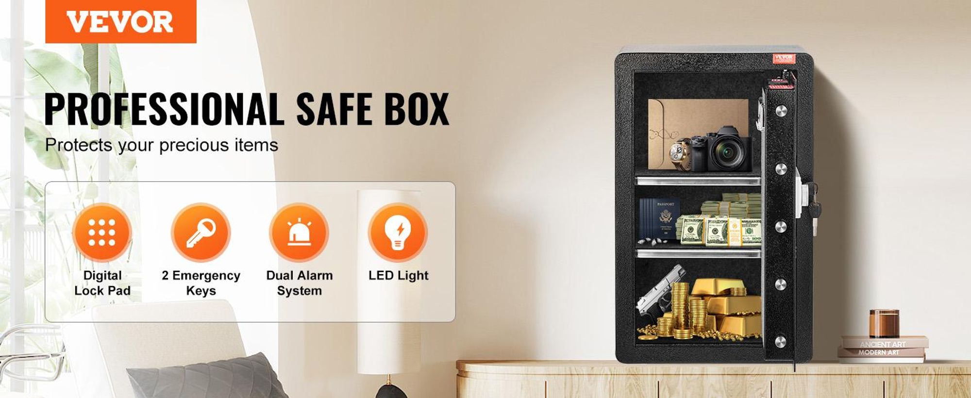 VEVOR Einzeltür 4,0 cu.ft Safe Box mit Schlüsselverschluss & Passwort, Safe Lock Box mit feuerfestem Beutel, Schlüsselablage, LED-Licht, 2 Regalen und 1 Schrank für Geld, Dokumente, Schmuck und Wertsachen, Schwarz, Passwort + Schlüssel-a, 99L