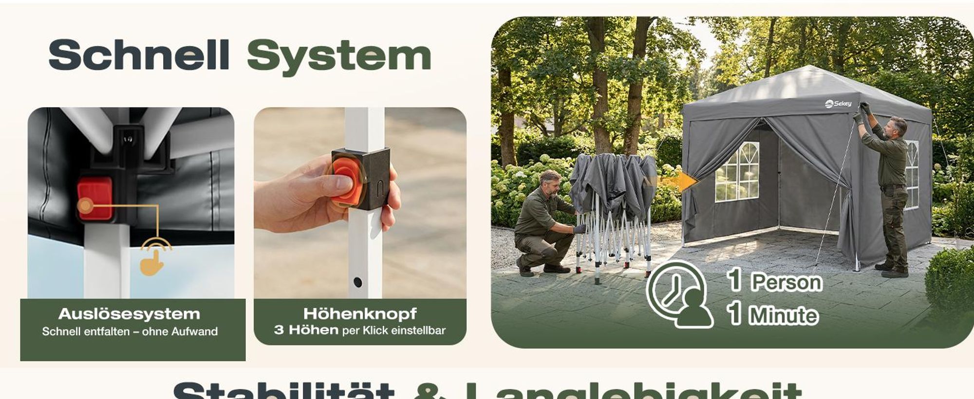 Sekey Faltpavillon 2x2 m wasserdicht UV50+ Gartenpavillon Partyzelt mit 4 Seitenteilen höhenverstellbar, Grau