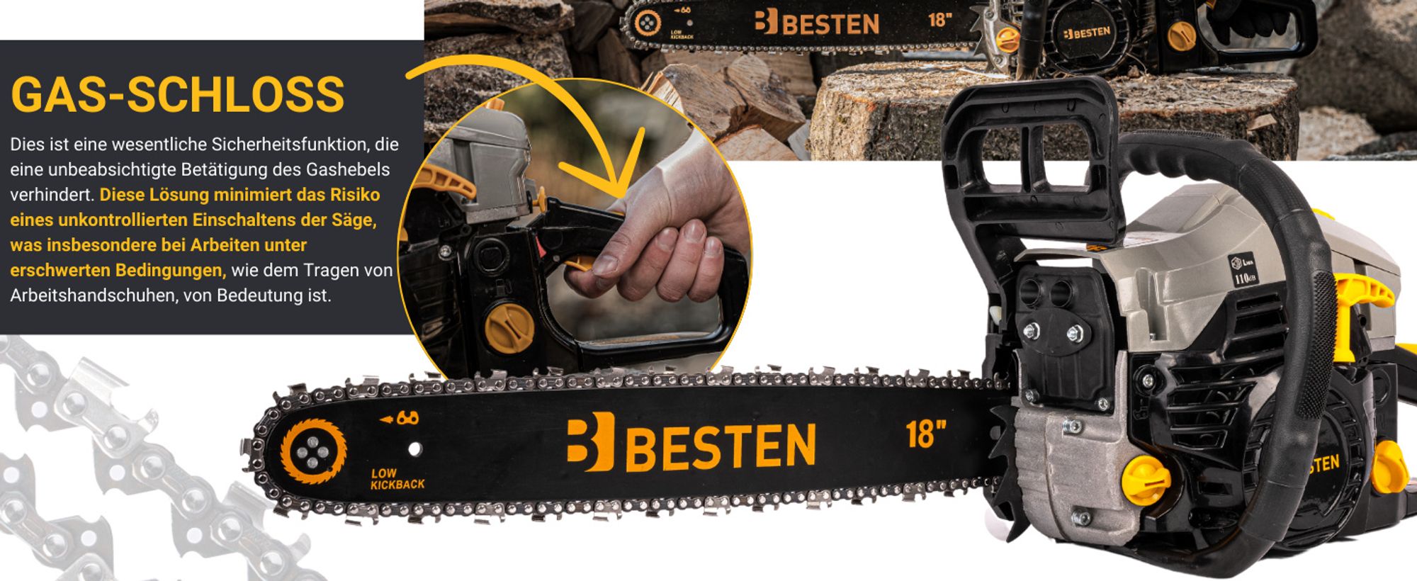BESTEN Benzinsäge, Benzin Kettensäge, 58CC Holzkettensäge, 2x Kette, 2x Führungsschiene + Öl