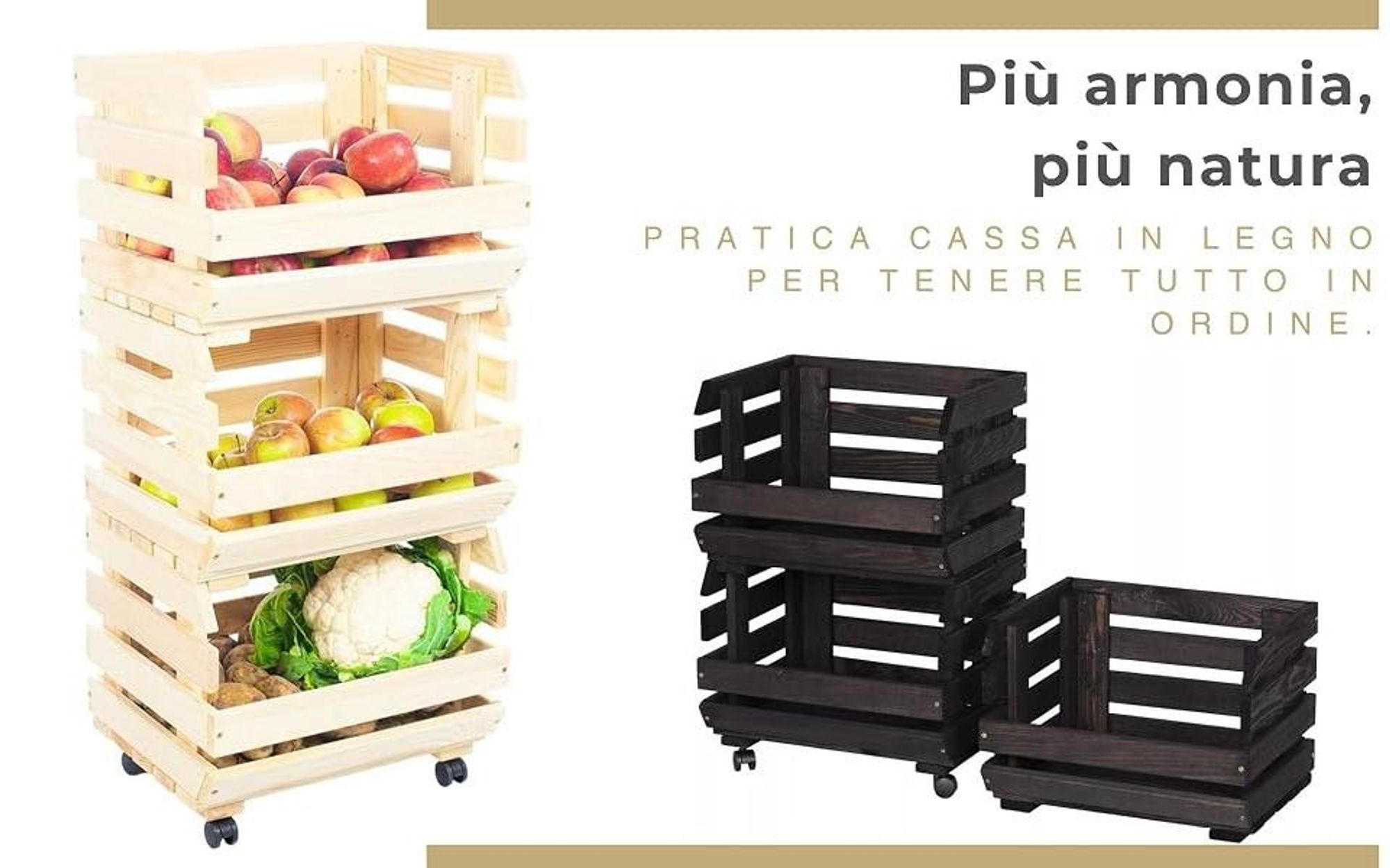 STOLMAK Cassetta Porta Verdura In Legno Con Ruote 37x79x30 cm Scaffale Porta Patate Frutta E Verdura 3 Livelli Con Ceste Impilabili Marrone