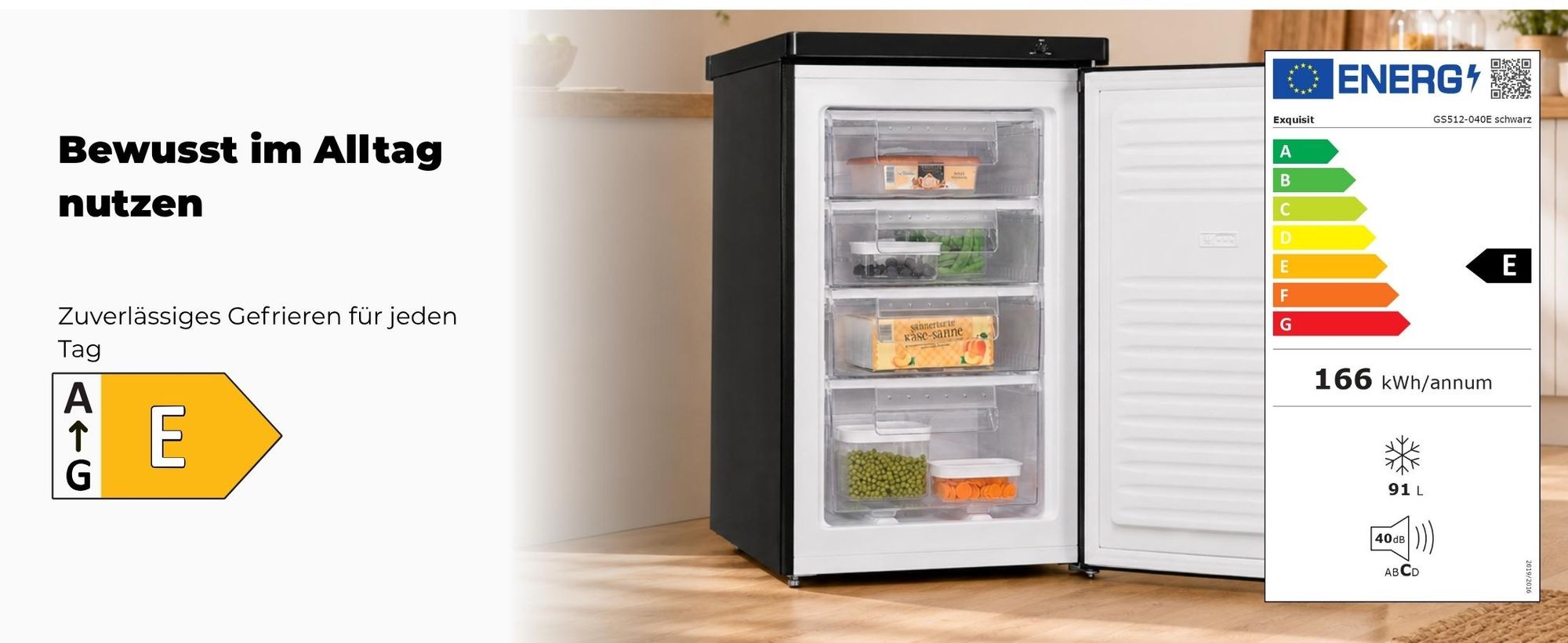 Exquisit Gefrierschrank 91 l kompakt | Energieklasse E | leise 40 dB | 85 cm Höhe | freistehend - unterbaufähig | GS512-040E schwarz | Schwarz