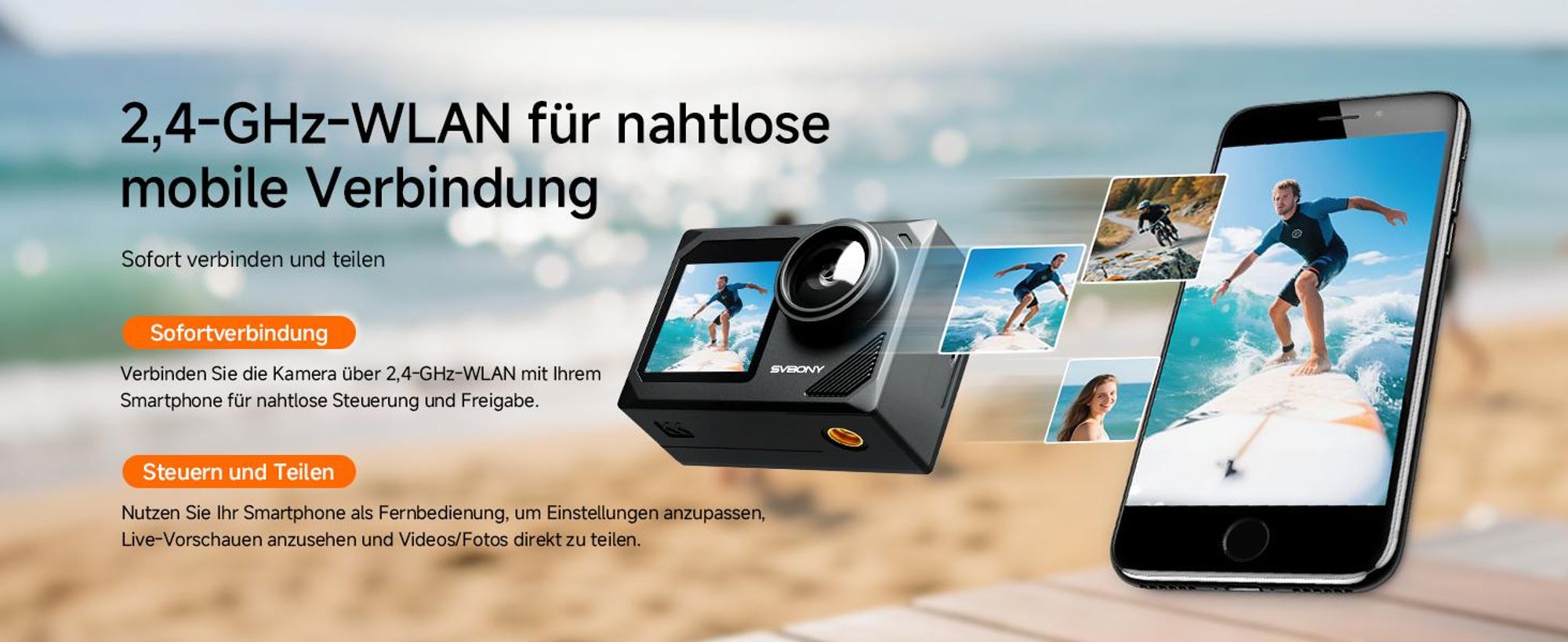 SVbony SVGO2 Action-Kamera 4K/30 fps IPX8 wasserdicht, mit Auftriebsstange, 2,0-Zoll-LCD-Touchscreen, für Tauchen, Radfahren, Surfen, Skifahren
