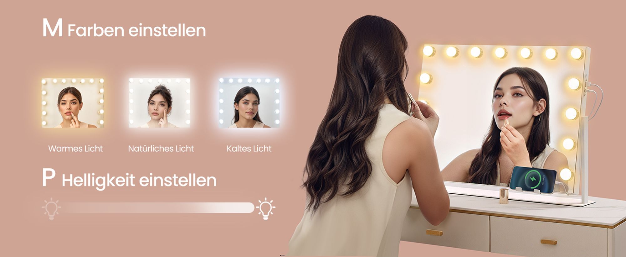 SONGMICS Schminkspiegel mit LED-Beleuchtung, Touch-Steuerung, 15 LED-Glühbirnen, mit Ladeanschlüssen, 3 Lichtfarben