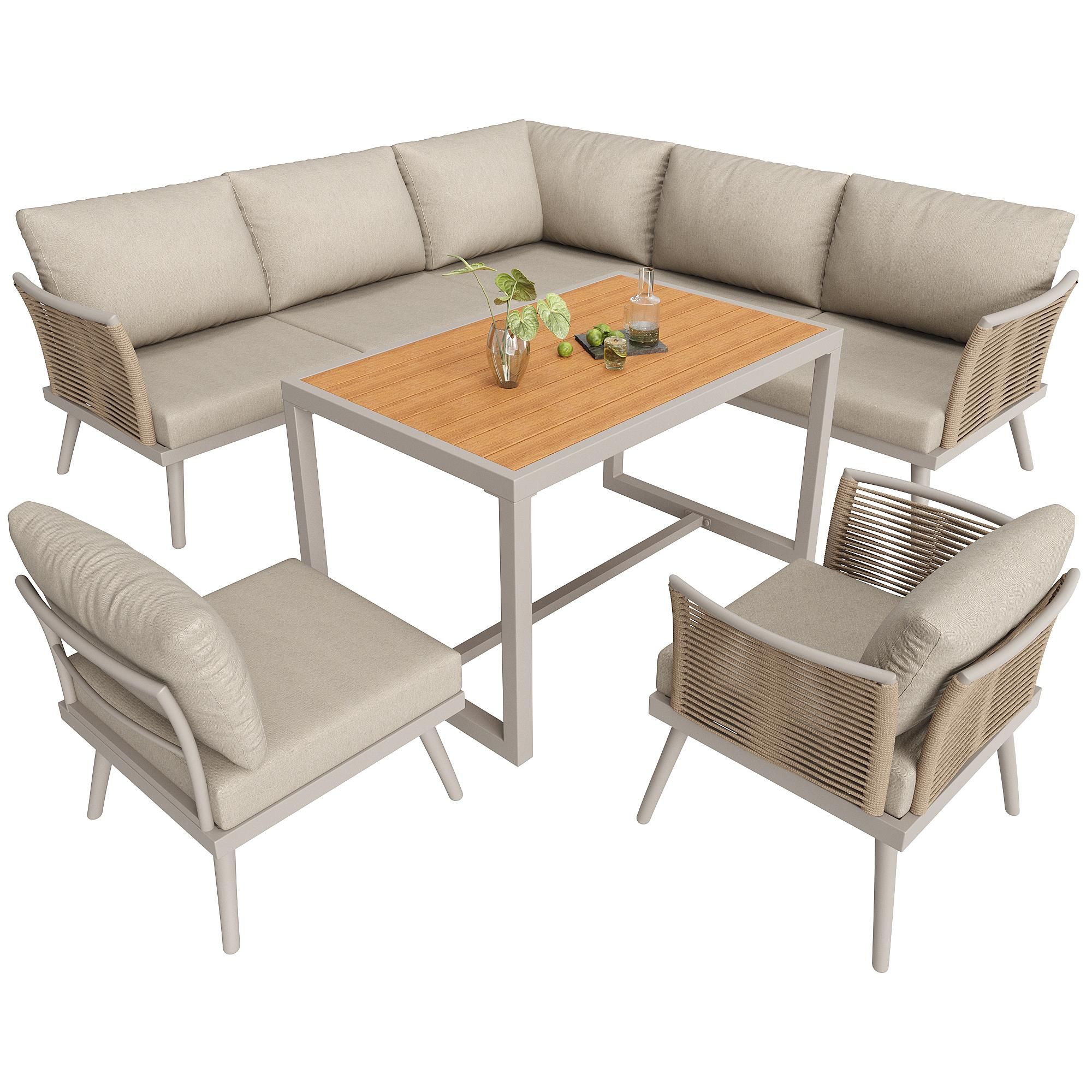 Flieks Gartenmöbel-Sets 6-tlg., Gartensofa mit Ecksofa, Stuhl und Tisch, Gartenloungeset Loungemöbel für 7 Personen, Gartengarnitur Sofagarnitur Beige