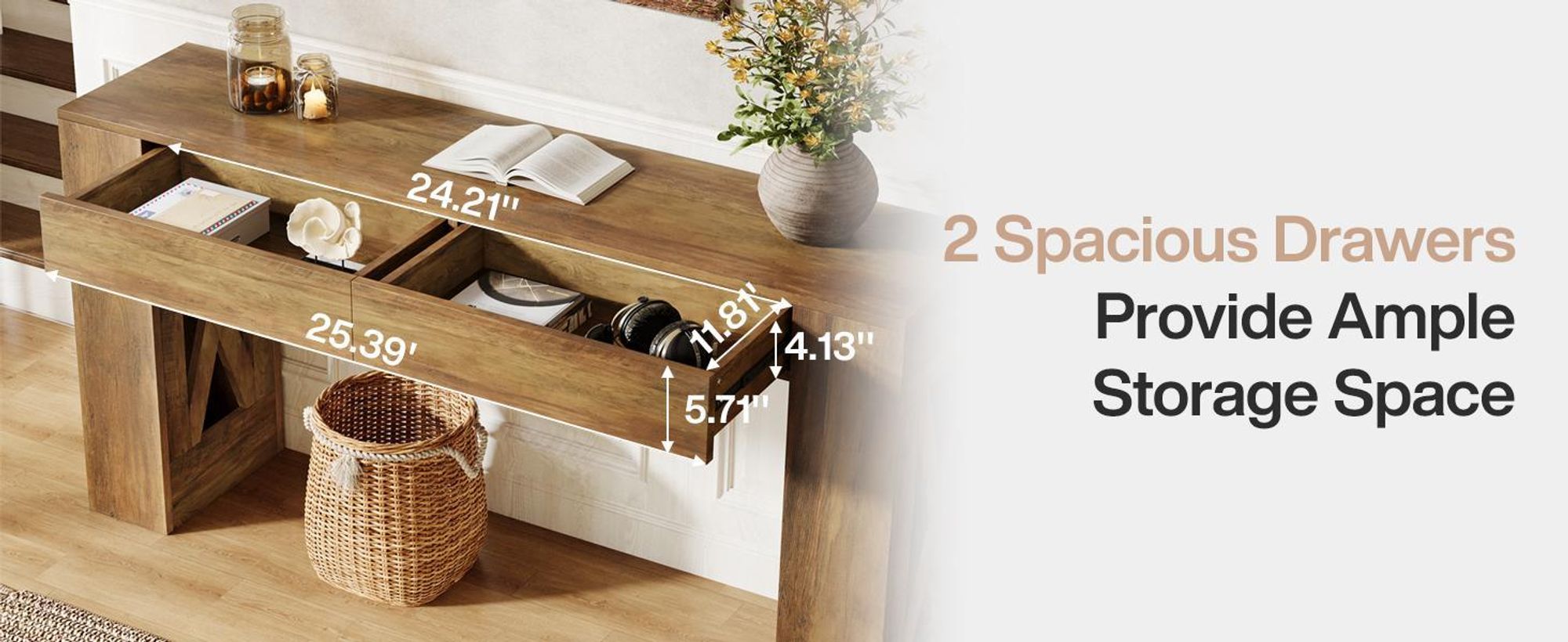 Tribesigns stół konsolowy o długości 160 cm, stół wejściowy z 2 szufladami, nogi w kształcie litery X, wąska sofa, meble wejściowe, przedpokój, ciepły brązowy kolor