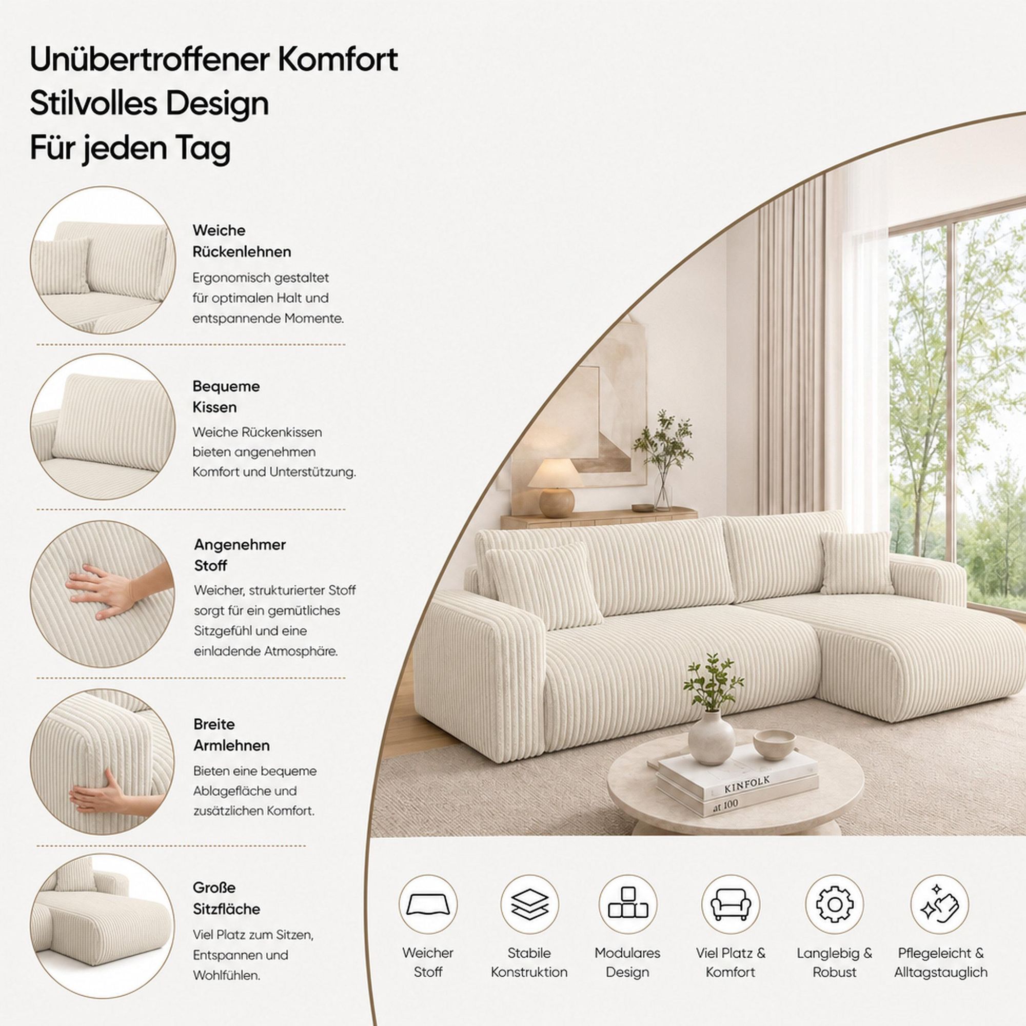 VENASI TILLY Universell Ecksofa mit Schlaffunktion und Bettkasten Cord BRAUN Schlafsofa Sofa