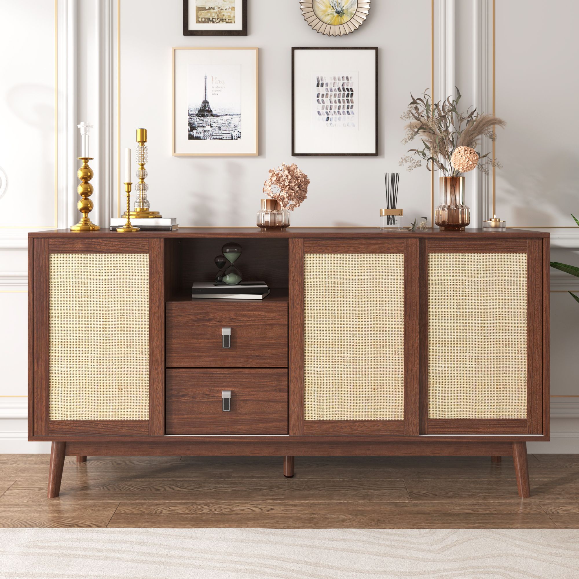 MODFU Sideboard mit 3 Rattan Türen und 2 Schubladen, Schrank Buffetfür Wohnzimmer, Schlafzimmer, Kinderzimmer, Jugendzimmer und Büro, Nussbaum