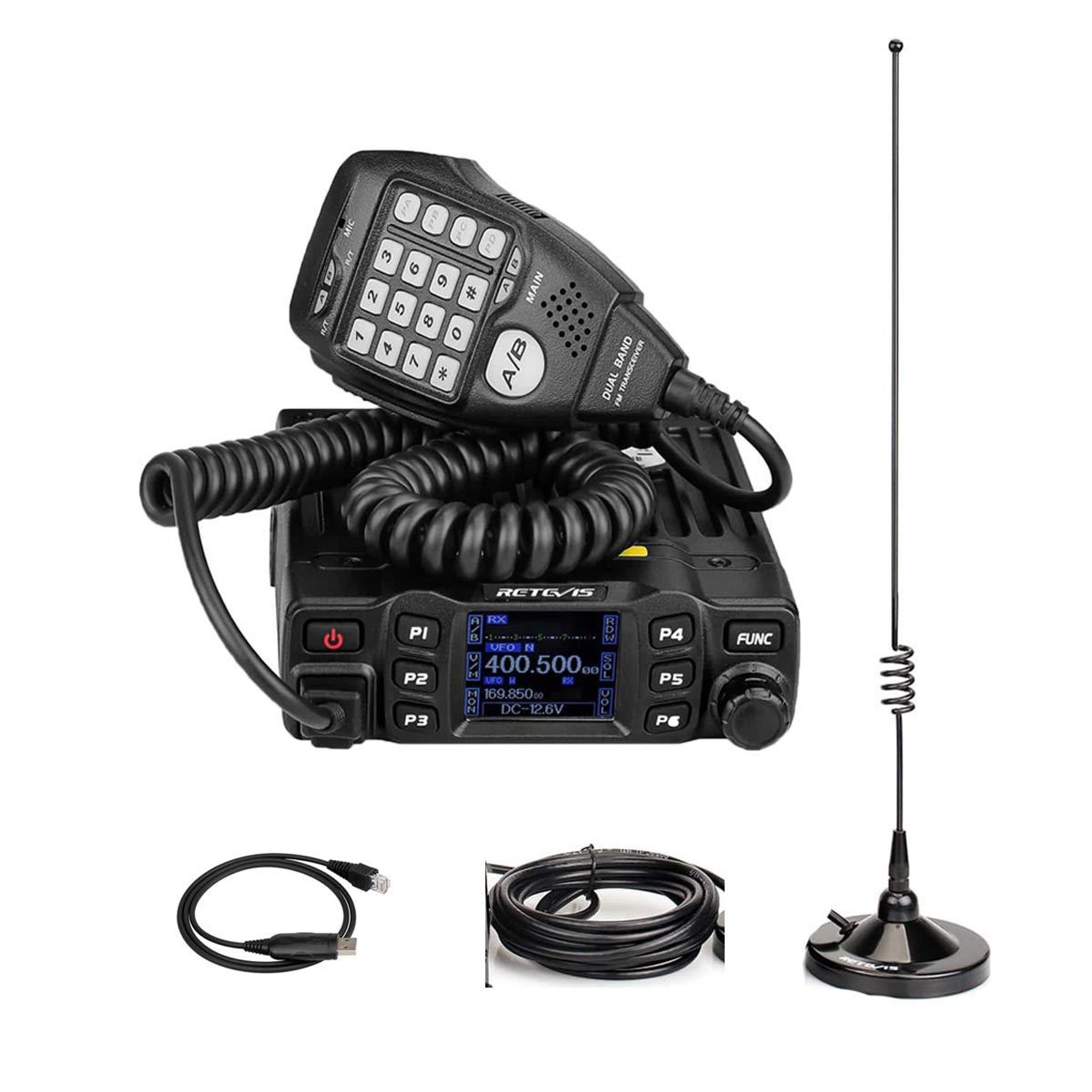 Retevis RT95 Amateurfunk Transceiver mit Dual Band Antenne, Mini Mobilfunk Transceiver mit Drehbarem LCD Dual Display, 200 Kanäle, SL16/PL259 Mobile Autoantenne