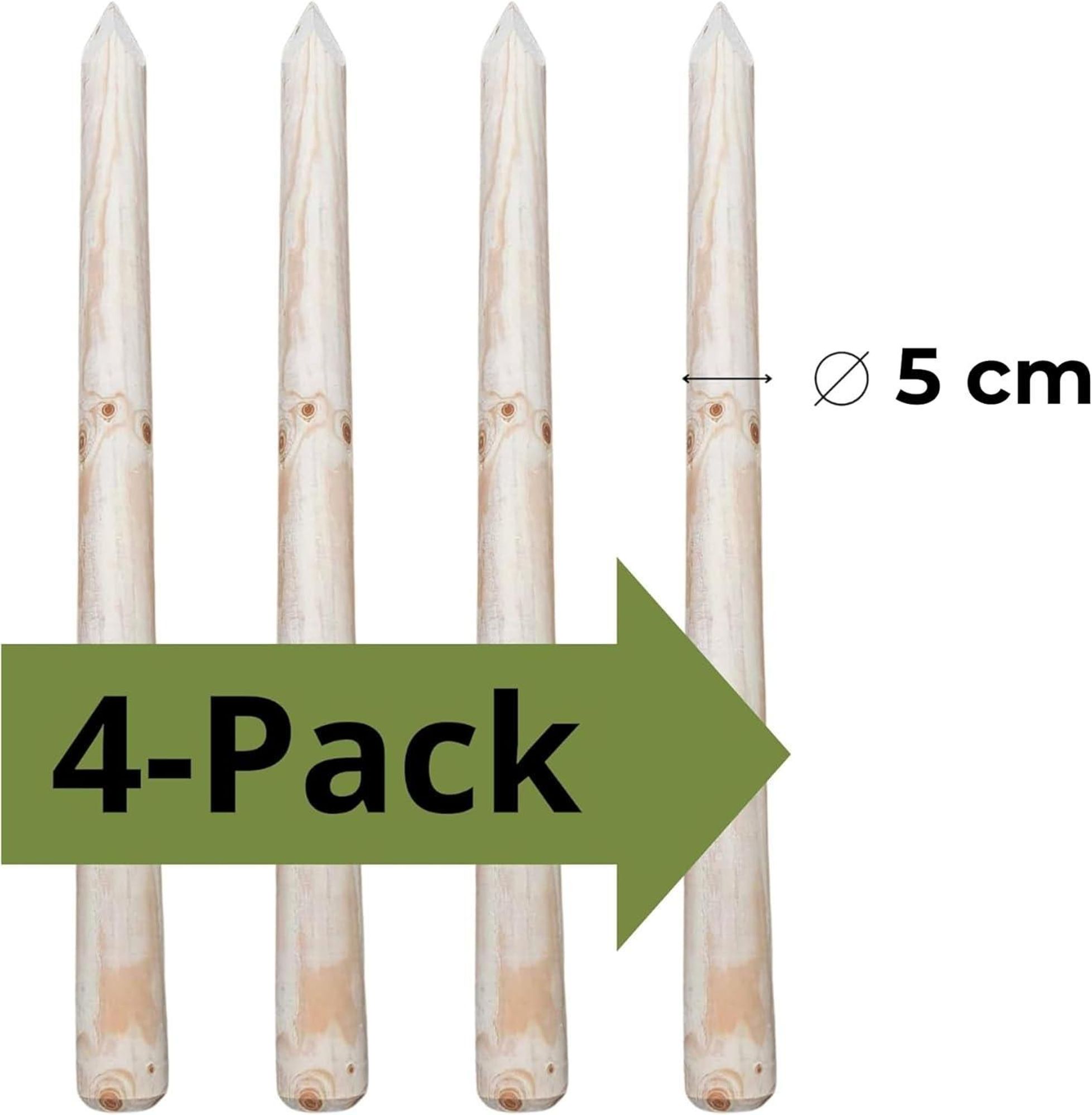 TIMBERMIK Ø 5 cm 4 Pezzi Paletti di Legno a Punta L 200 cm – Palizzata Giardino Recinzione Pali da Recinzione Pino Resistente Intemperie Non Impregnato