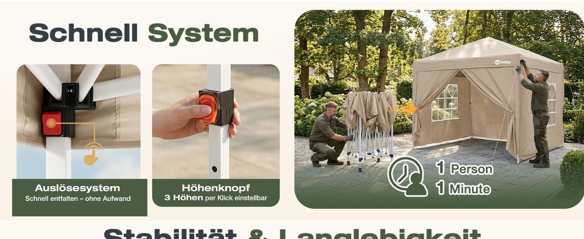 Sekey Faltpavillon 2x2 m wasserdicht UV50+ Gartenpavillon Partyzelt mit 4 Seitenteilen höhenverstellbar, Taupe