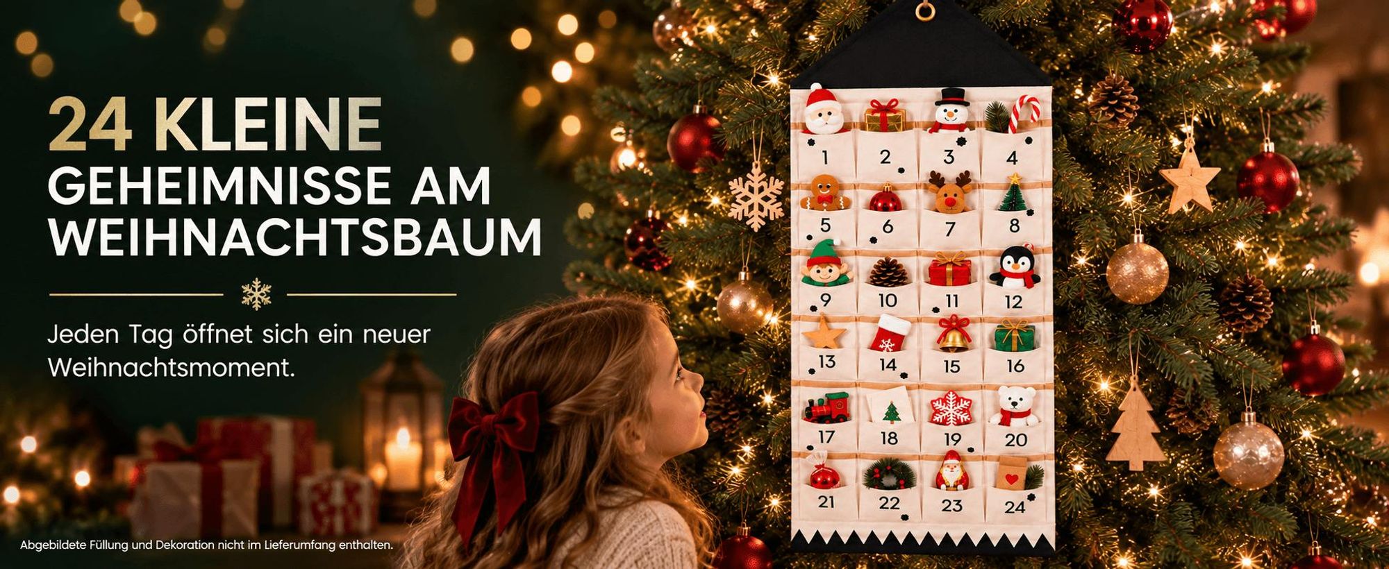 Adventskalender 24 Taschen zum Befüllen, Stoff Weihnachtskalender zum Aufhängen, wiederverwendbar, Weihnachtsdeko