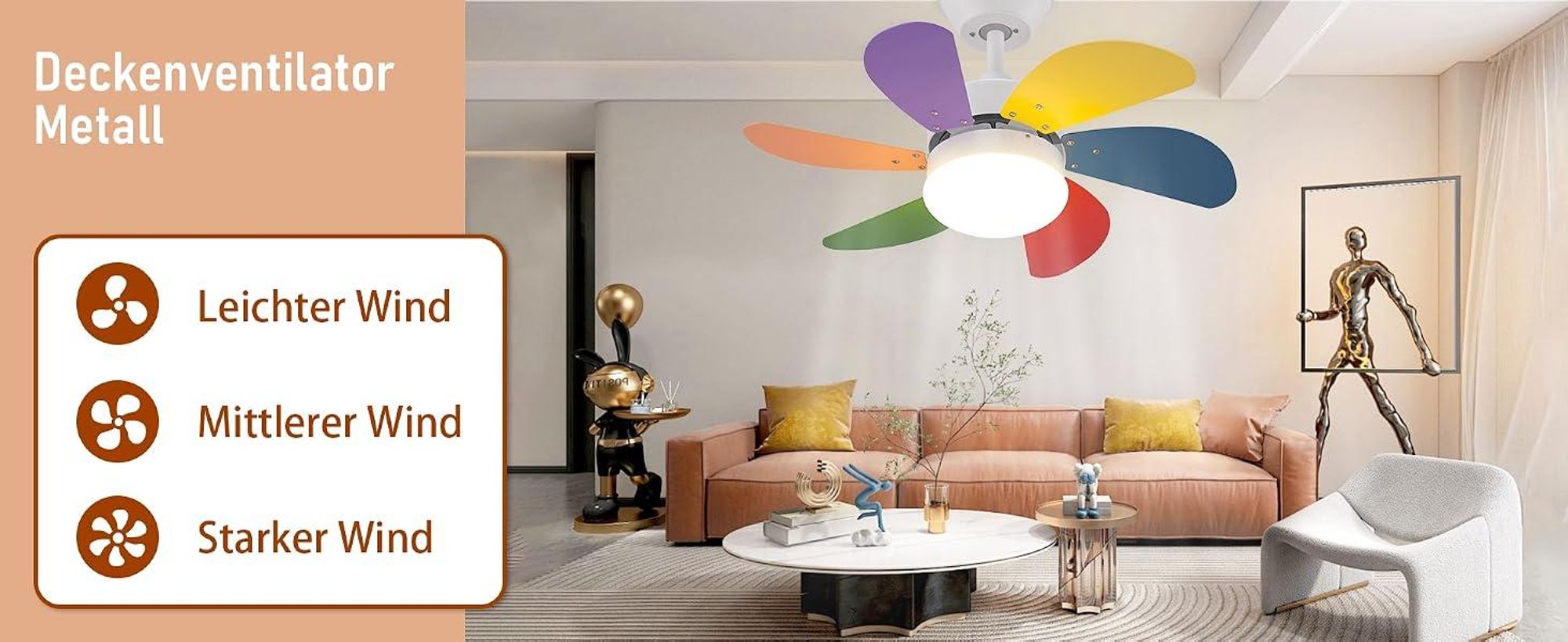 ZMH Stropný ventilátor LED s osvetlením farebné lopatky 6 lopatiek Ø75 cm tichý diaľkové ovládanie časovač pre obývačku spálňu