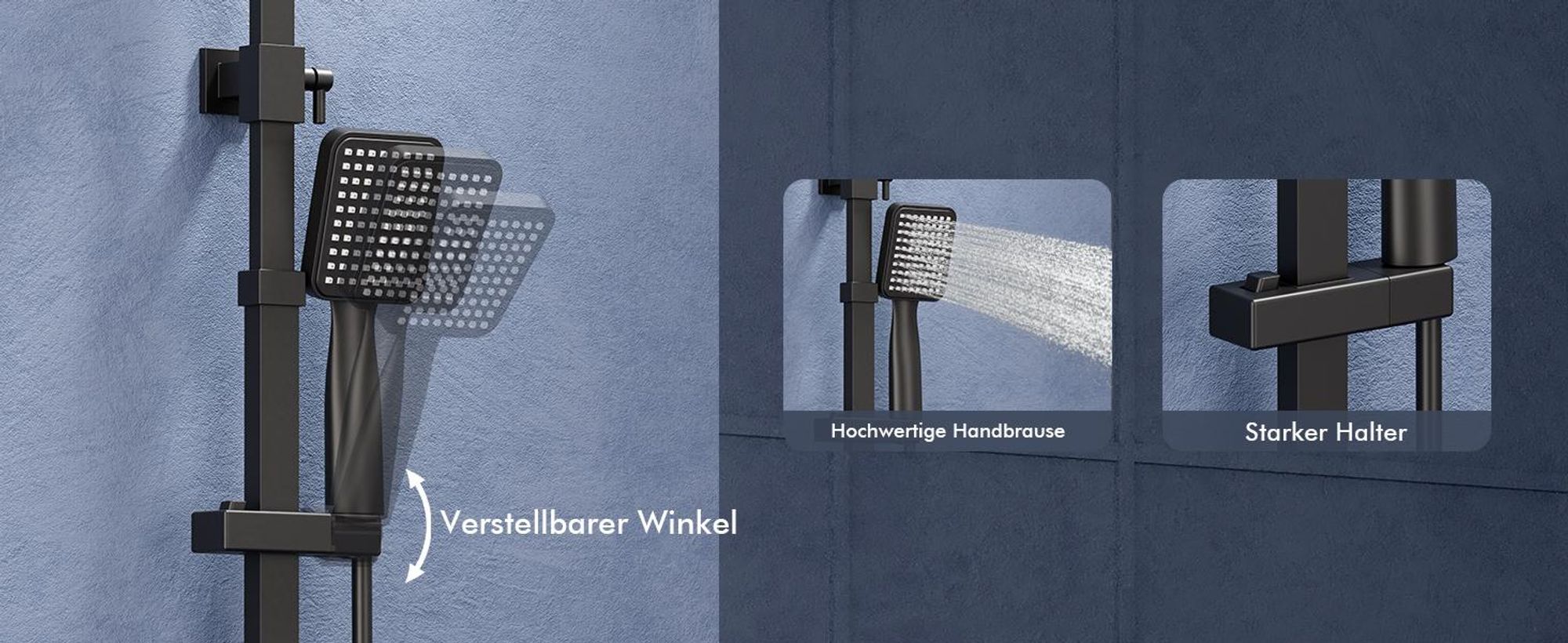 Homelody Duschsystem Schwarz Regendusche Duschset ohne Armatur mit Überkopfbrause Handbrause Duschsäule Duschsystem mit Umsteller eckig Duschsäule für Badezimmer, schwarz