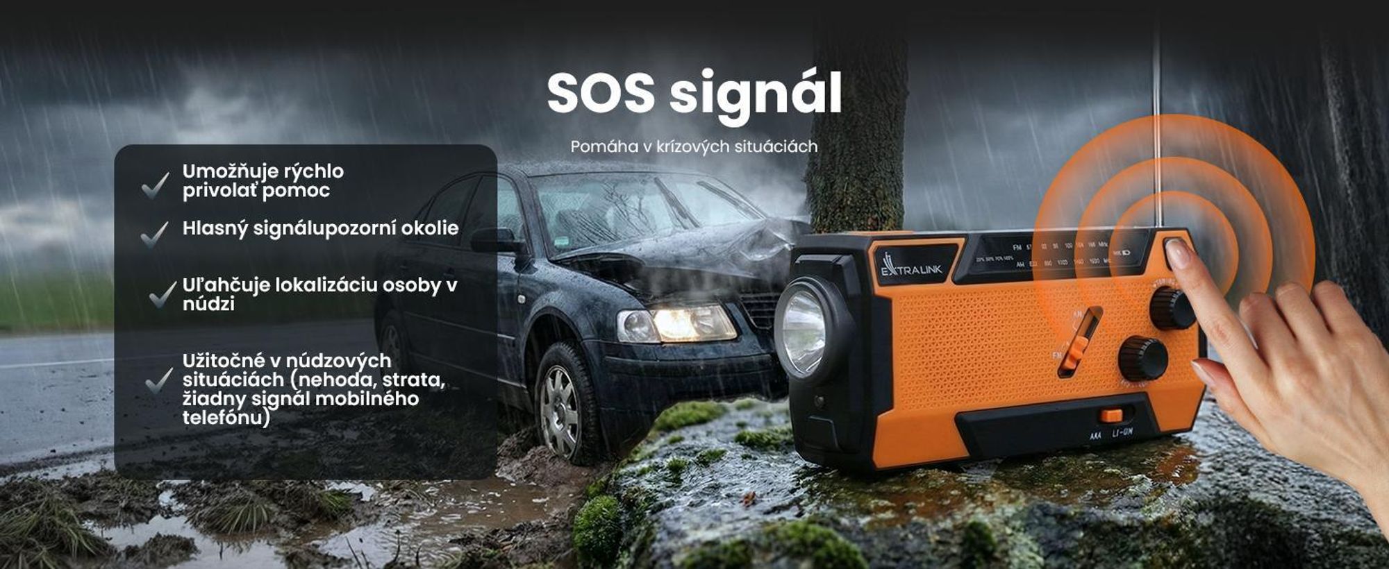 Extralink SR-4000 núdzové rádio so solárnym nabíjaním, kľukou, powerbankou 4000 mAh a LED svietidlom