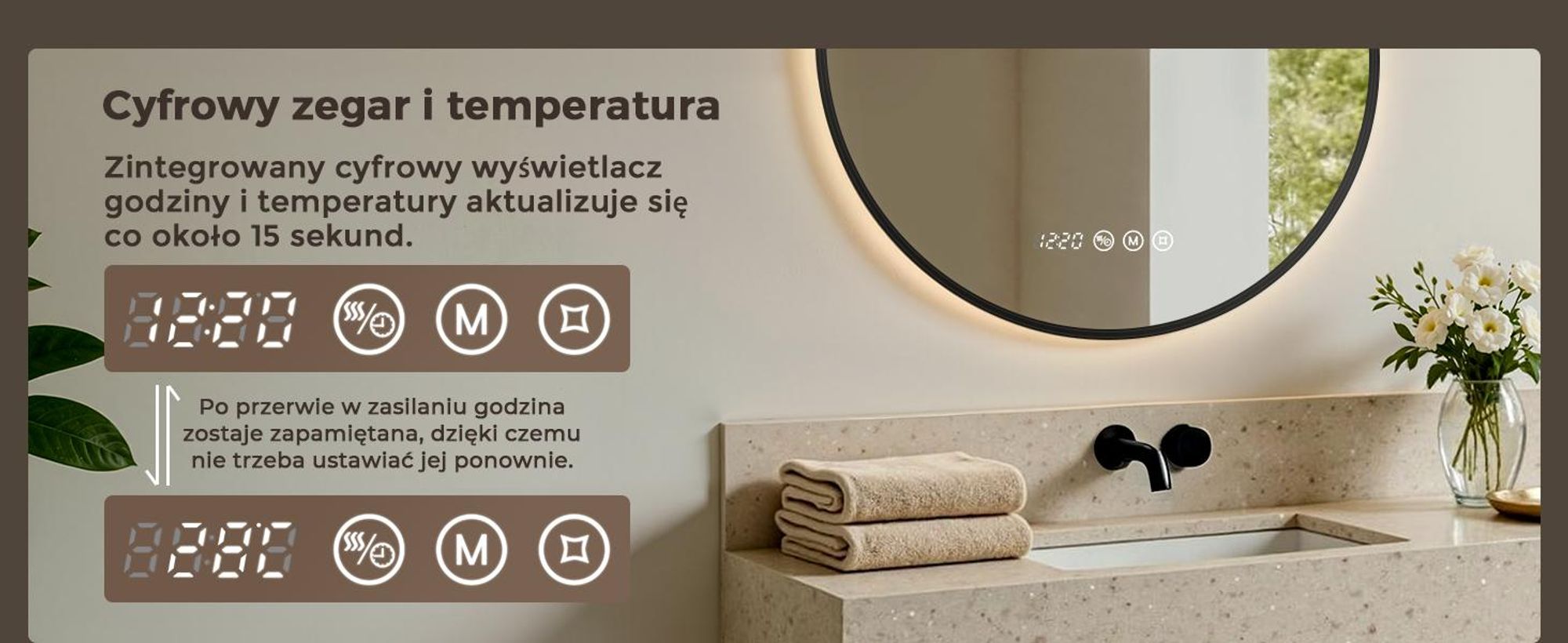 Lustro do łazienki oświetlane, okrągłe, średnica ok. 70 cm. Lustro LED z dotykowym panelem, antyfoggingowe, z możliwością regulacji jasności, 3 barwy światła, zegar, wskaźnik temperatury, kolor czarny
