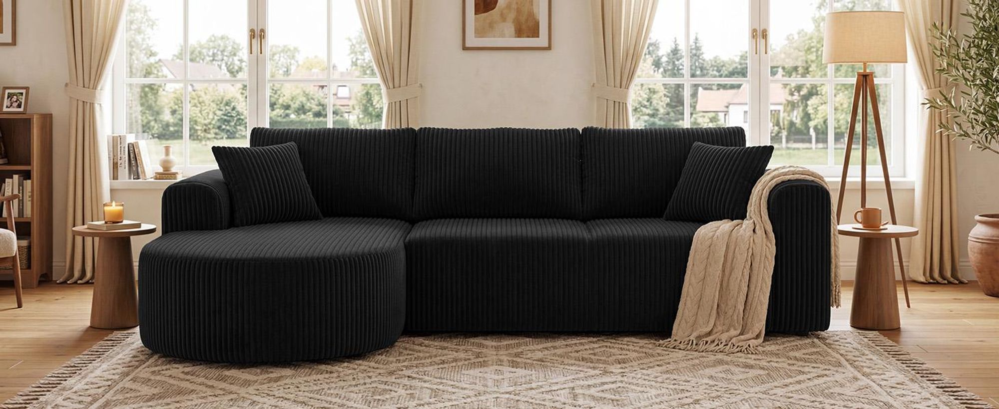 Canapé d'angle avec fonction convertible, canapé modulaire en velours sans structure visible, canapé avec chaise longue, canapé d'angle convertible, canapés modulaires avec coussins et poches latérales, 243 cm