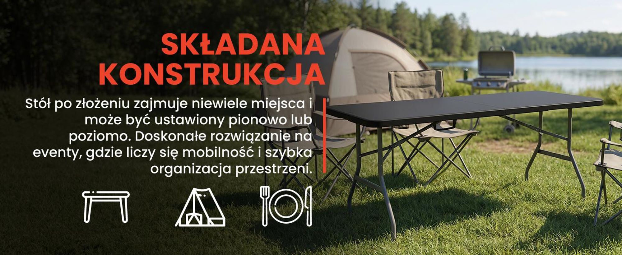 Składany stół kempingowy/ogrodowy z uchwytem do przenoszenia, 180 cm, czarny stół kempingowy/ogrodowy, stół imprezowy