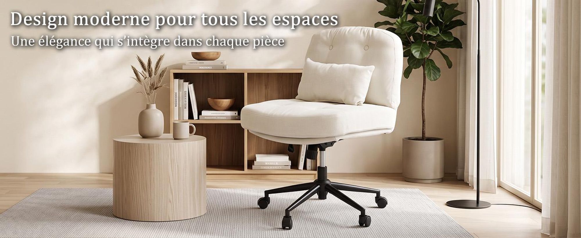 Chaise, pivotante, dossier réglable Chaise de Bureau Ergonomique Sans Roulettes, Pivotante avec Assise Large, Réglable en Hauteur, Coussin, Beige