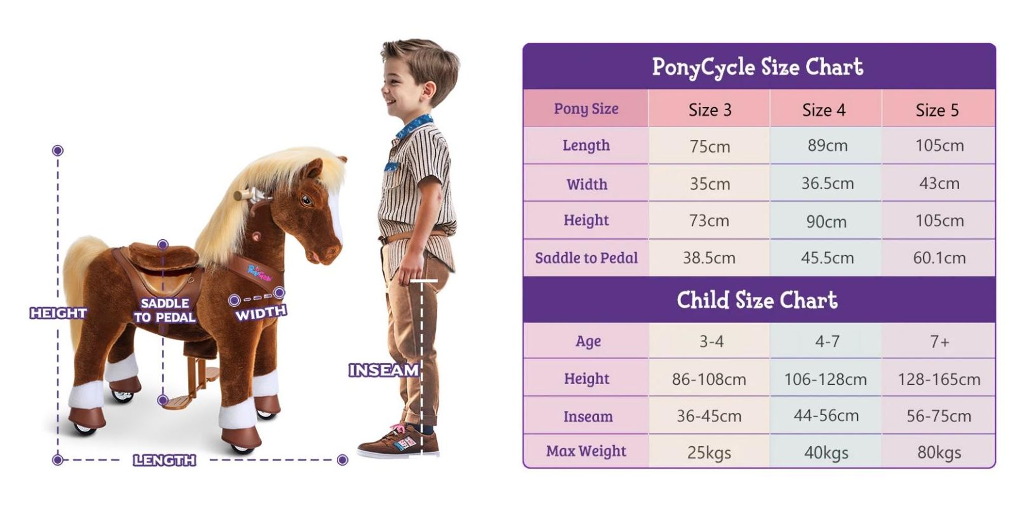 PonyCycle Model Y Hnedý poník na jazde pre deti 3-4 roky, Plyšový kôň so zvukmi a brzdou, Narodeninový darček pre deti – Y374