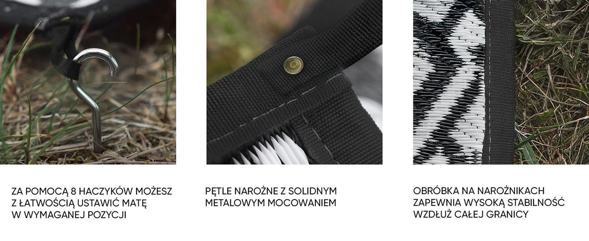 Szczegóły: haczyki mocujące, pętle narożne z metalowym oczkiem i wykończenie krawędzi.