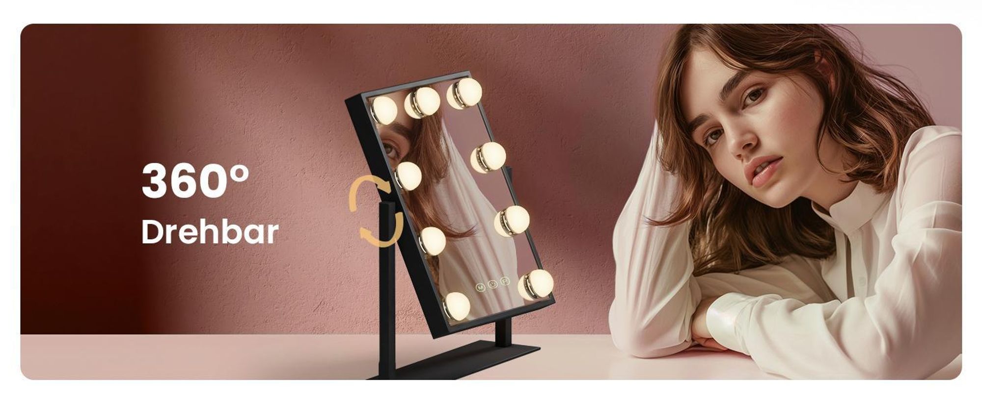 EMKE Hollywood Kosmetikspiegel 85x364x475mm mit 7x Vergrößerungsspiegel, Schwarz Schminkspiegel mit intelligent Touchscreen und 3 Lichtfarben, 12 Dimmer-LED-Leuchten, 360° drehbar und Memory-Funktion