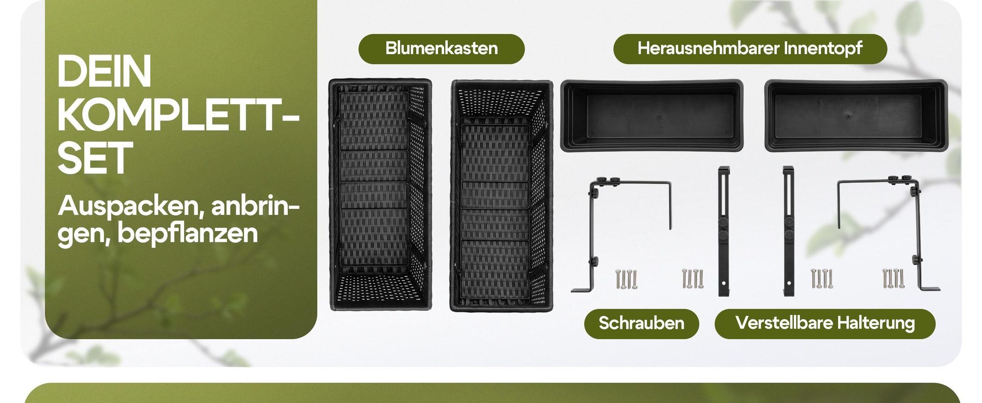 CASARIA® Blumenkasten 2er Set 11 Liter Montagehalterung indoor outdoor Geländerkasten Balkonkasten Pflanzkasten schwarz