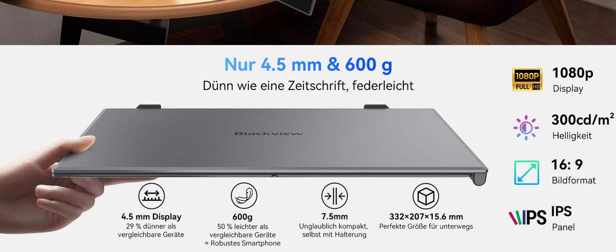 Blackview Tragbarer Monitor 14" SCM6 +A2, 1920×1080 ultradünn Computerbildschirm(für 13-17,3" Laptops), Low Blue Light, 180° horizontal drehbar