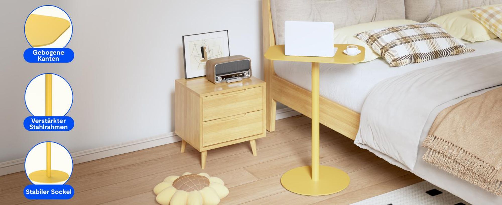 FLEXISPOT Beistelltisch für Sofa, Schlafzimmer, Wohnzimmer, Büro, Beistelltisch, Nachttisch, Couchtisch für kleine Räume, Stahl, 50x38x65cm, Gelb