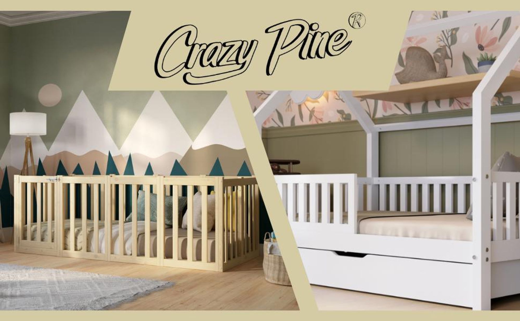 Crazy Pine Lit d'enfant 90x180 cm - Bois naturel - Lit au sol Montessori avec haute protection contre la chute 73cm et barrière ouvrable - Crazy John