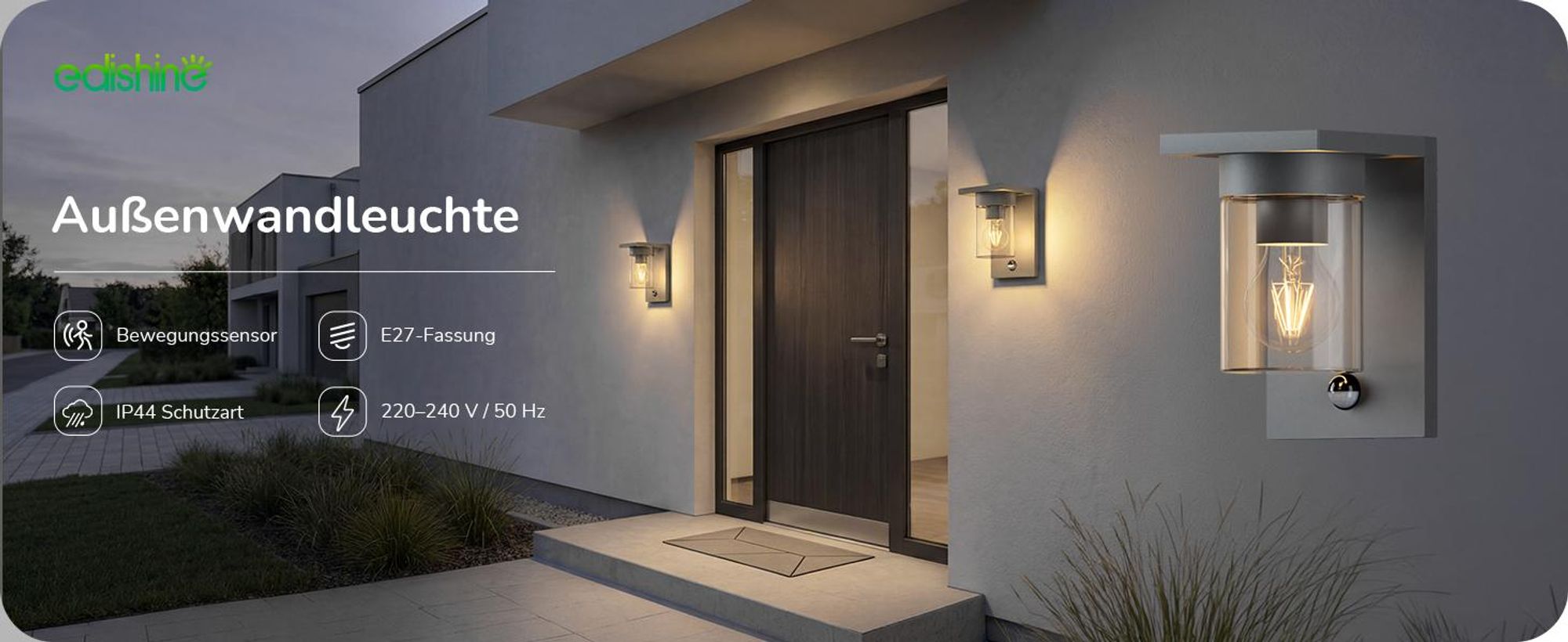 EDISHINE Wandleuchte außen mit Bewegungsmelder,IP44 Wandlampe mit E27-Fassung, Moderne Wandlampe für Haustür, Fassade, Anthrazit