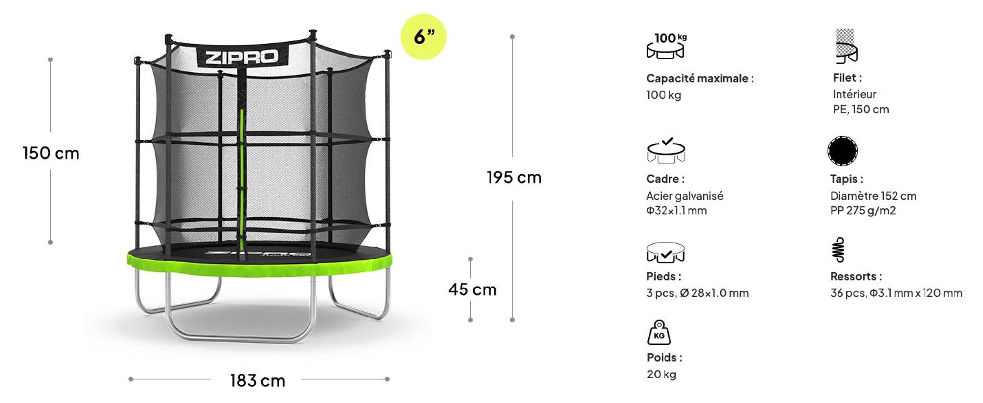 Trampoline ZIPRO Jump Pro IN | 6 pieds (Ø 183 cm) | Trampoline de jardin pour enfants, kit complet comprenant un filet de sécurité, une housse de protection, pour l'extérieur, vert