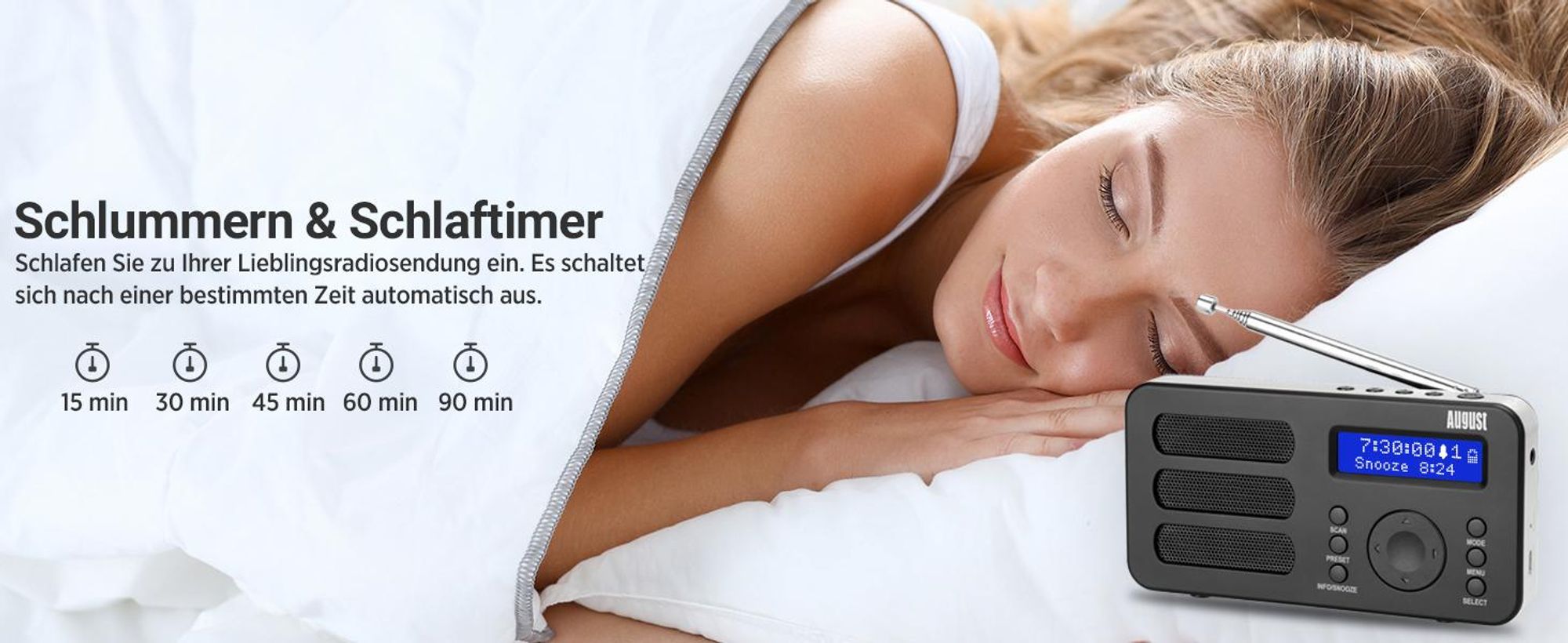 Tragbarer DAB+ FM Alarm Radiowecker Wiederaufladbar AUX 40 Presets - August MB225