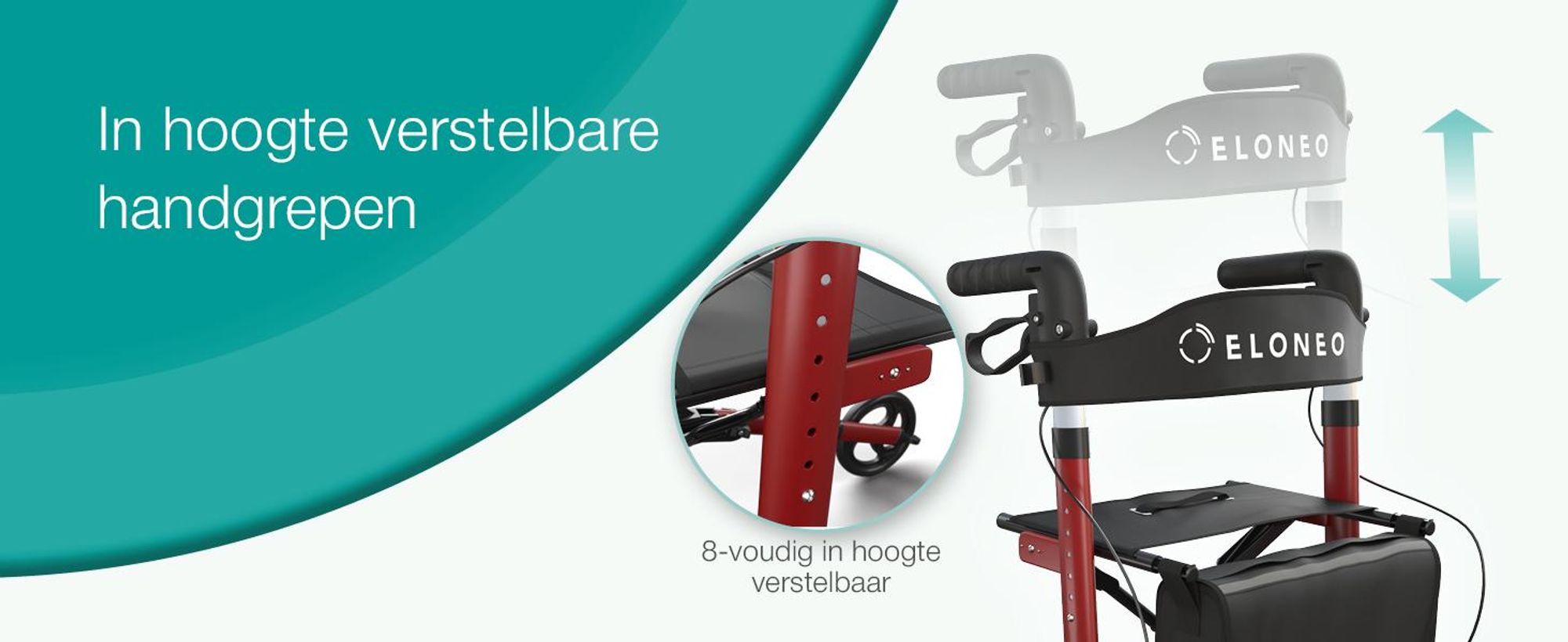 ELONEO inklapbare en lichte rollator met zitplaats, lichtgewicht reiskofferrolator van aluminium, loophulp met 8-voudige hoogteverstelling, inklapbaar in 3 standen