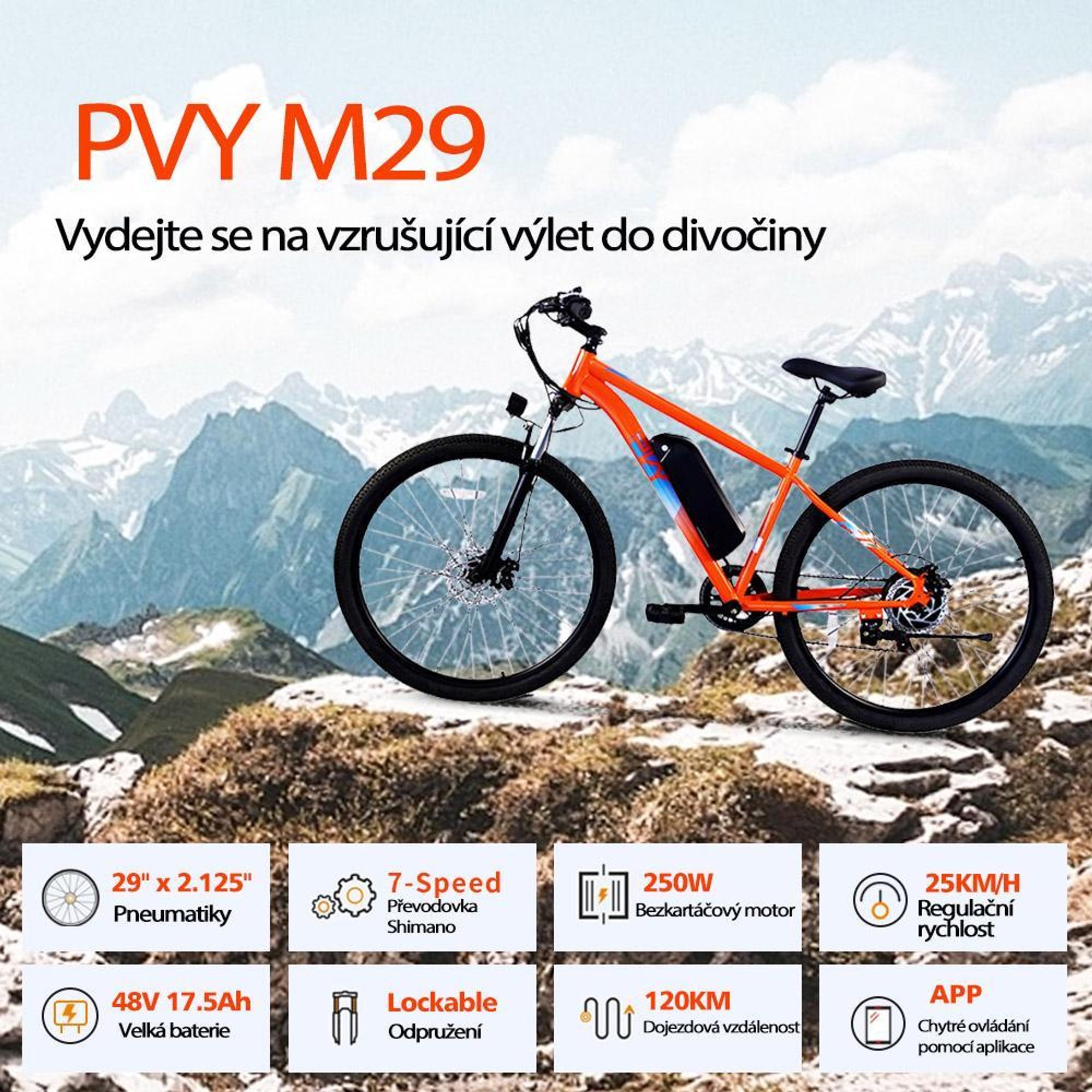 PVY M29 Elektrokolo - Výkon 250W Baterie 48V17.5Ah 29" koly Mechanická Kotoučová Brzda - Šedá