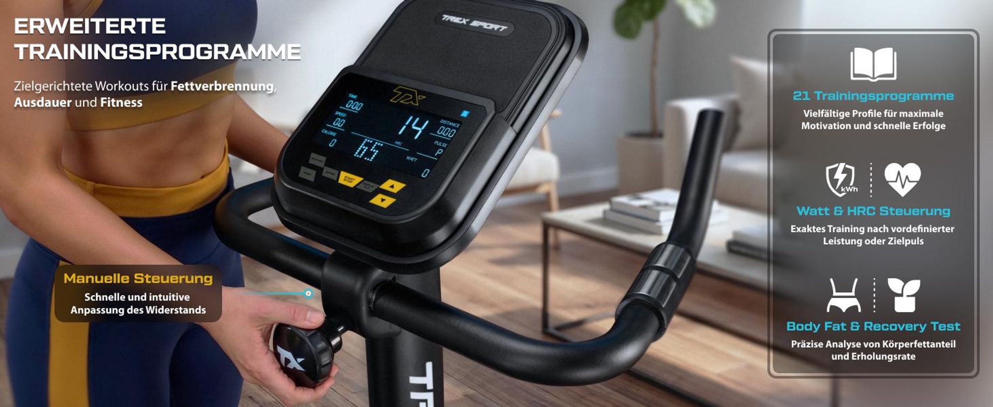 TREX SPORT Heimtrainer Fahrrad TX-750EB SABER | Elektromagnetisches Fitnessbike mit 32-stufigem Widerstand | 21 Programme, ergonomisch, bis 135 kg