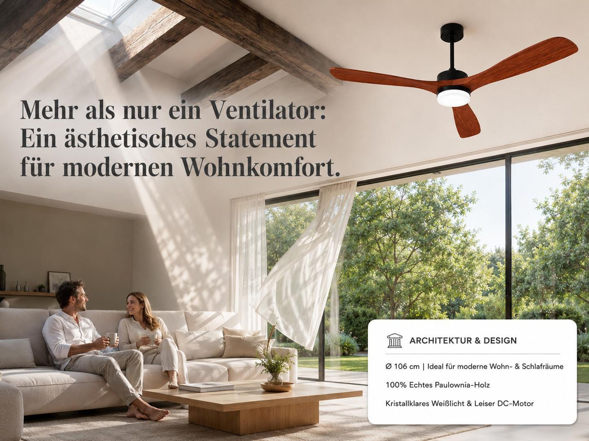 Ø106cm Echtholz Deckenventilator mit Beleuchtung 3 Flügel Ventilator Lampe Decke Smart APP & Fernbedienung 6 Stufen 3 Farben Wohnzimmer Schlafzimmer