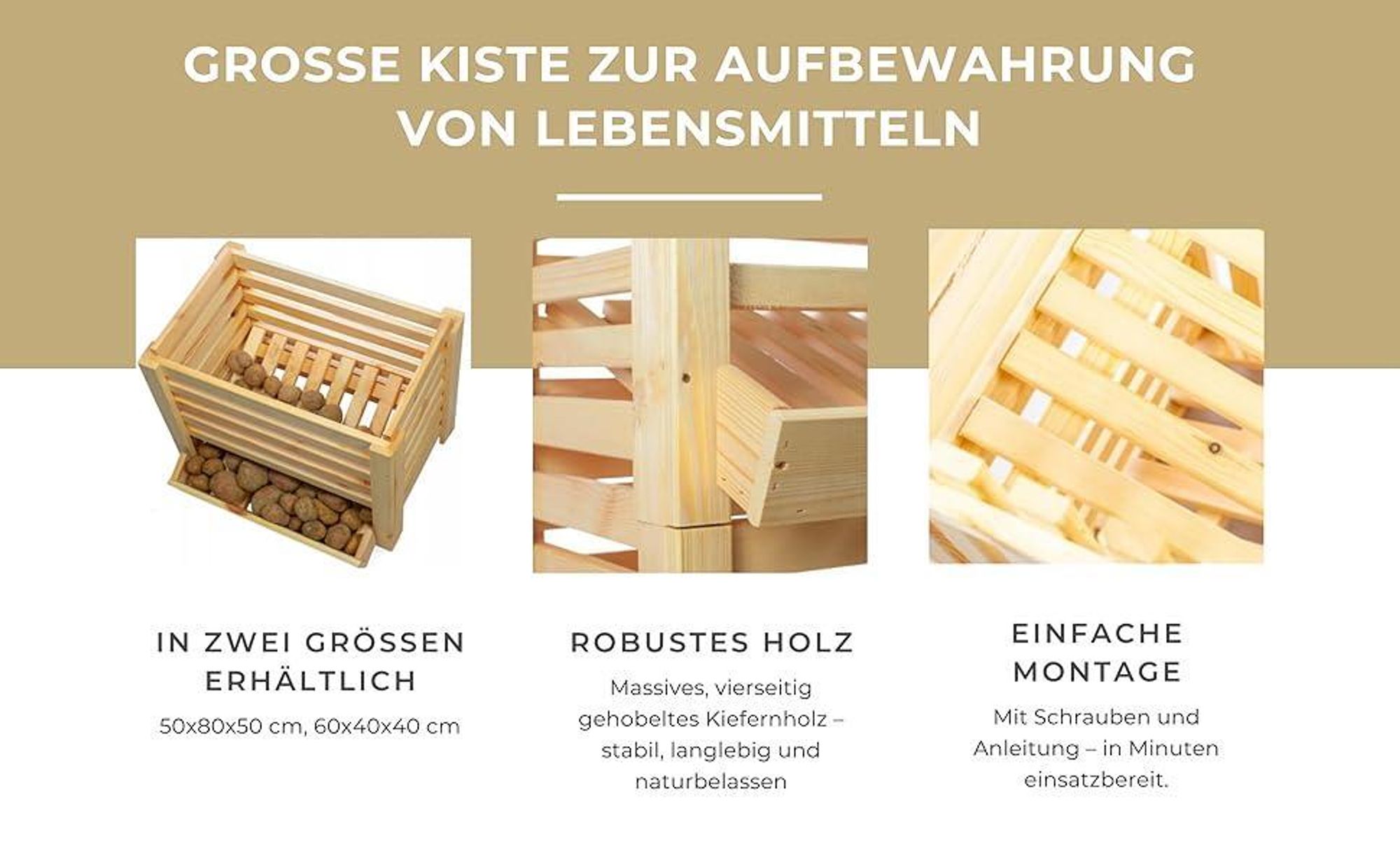 STOLMAK Kartoffelkiste Holz 80x50x50 cm – Große Aufbewahrungsbox für Kartoffeln, Zwiebeln, Obst & Gemüse – Stapelbare Holzkiste – Kartoffelbox Holz