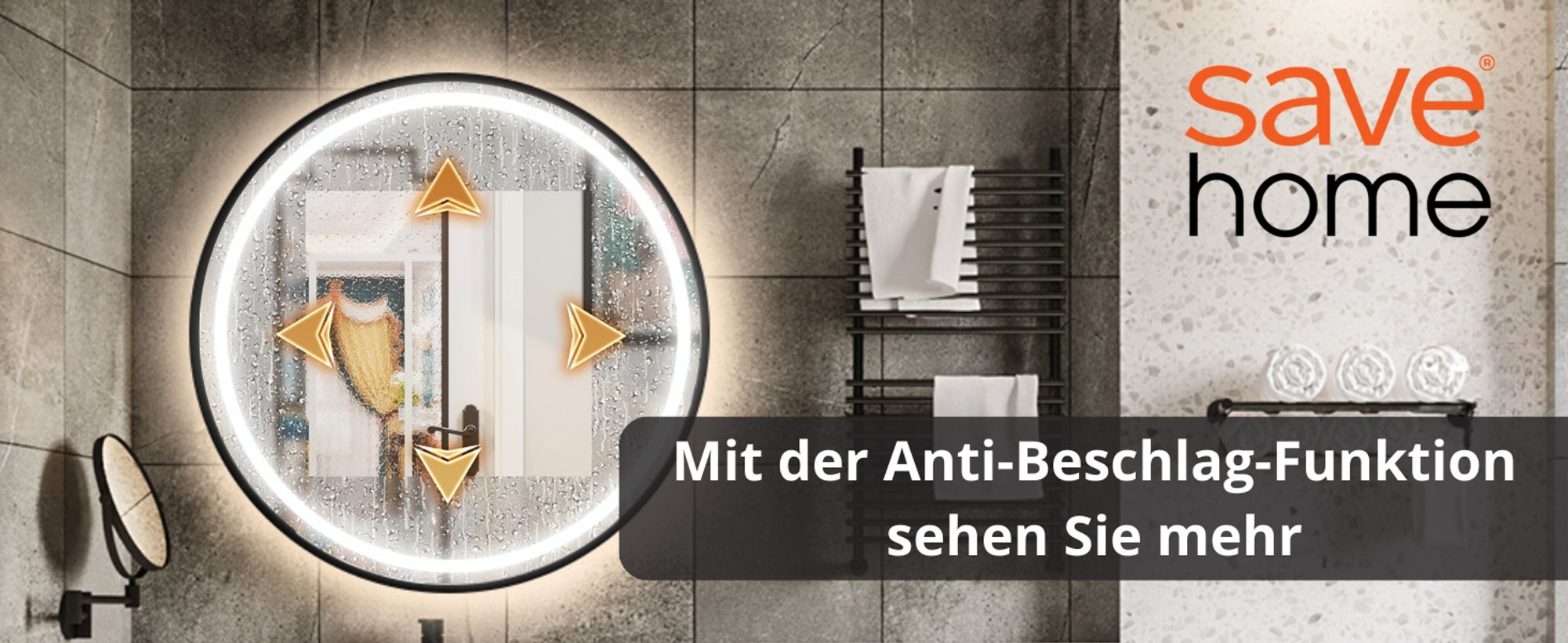 LED Badezimmerspiegel Rund 80 cm – Badspiegel mit LED Beleuchtung, Touch-Schalter, Anti-Beschlag, 3 Lichtfarben, Schwarzer Rahmen – SAVE HOME