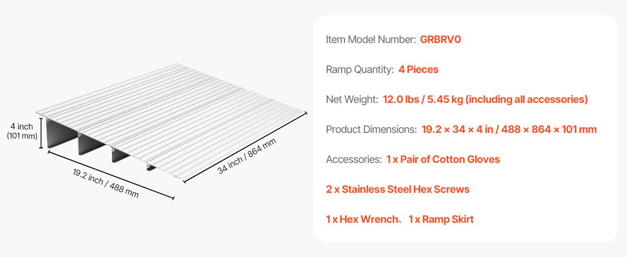 VEVOR Türschwellenrampe, 5 cm Erhöhung, 363 kg Tragfähigkeit, Türrampe für Rollstühle, Aluminium-Türschwellenrampe für Türöffnungen, verstellbare modulare Türschwellenrampe für Rollstühle, Scooter, Elektrorollstühle, 10 cm